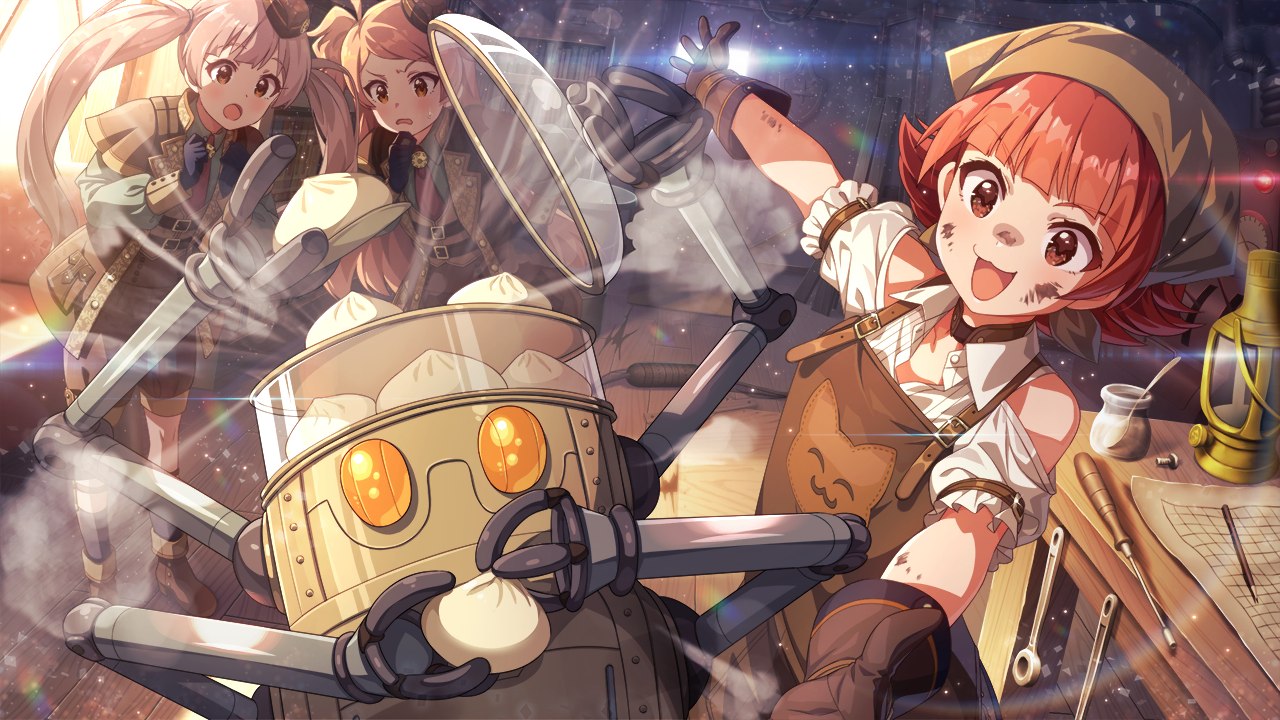 hakozaki serika, nonohara akane, ogami tamaki, idolmaster, idolmaster million live!, idolmaster million live! theater days, game cg, official art, 3girls, apron, belt, boots, brown hair, cat, dirty, dirty face, gloves, hat, headscarf, lantern, mechanical arms, mini hat, multiple girls, open mouth, orange eyes, paper, red eyes, red hair, robot, screwdriver, shorts, spoon, steam, table, twintails, wooden floor