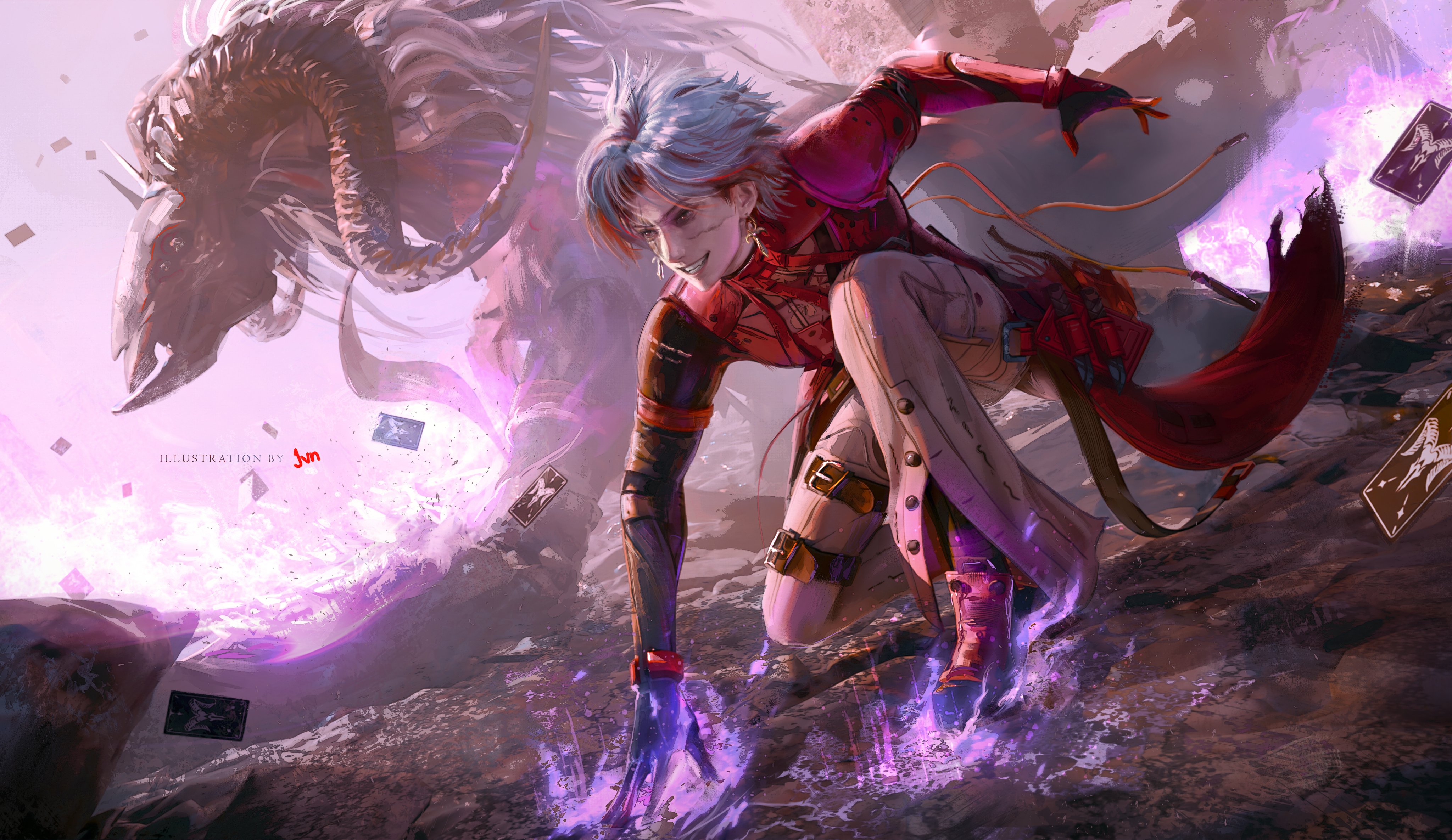 jvn, scar (wuthering waves), wuthering waves, absurdres, commentary, english commentary, highres, 1boy, artist name, burn scar, card, coat, colored inner hair, creature and personification, cross, cross earrings, dynamic pose, earrings, fire, grin, jewelry, looking ahead, male focus, multicolored hair, pants, personification, purple fire, red coat, red eyes, red hair, scar, scar across eye, scar on face, smile, white hair, white pants