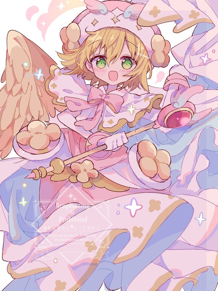 futaba969649, amitie (puyopuyo), puyopuyo, commentary request, 1girl, :d, blonde hair, blush, bow, bowtie, capelet, dress, feathered wings, green eyes, hair between eyes, hat, holding, holding wand, open mouth, pink bow, pink bowtie, pink dress, pink hat, short hair, smile, solo, wand, watermark, white background, white capelet, wings, yellow wings