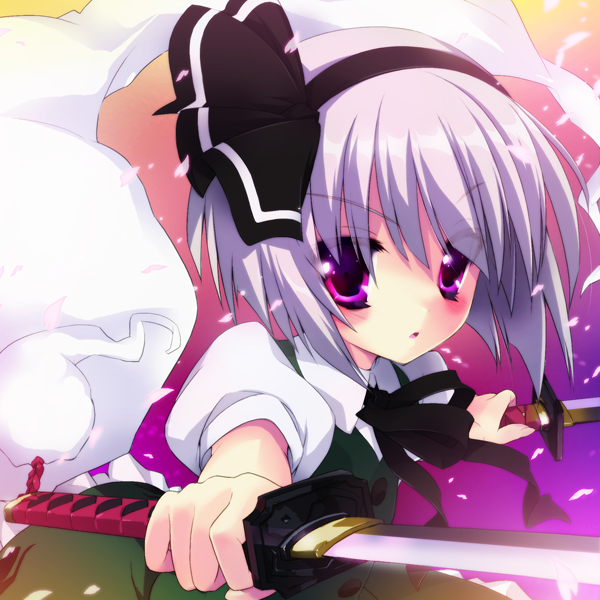 gotou nao, konpaku youmu, konpaku youmu (ghost), touhou, silver hair, 1girl, dual wielding, female focus, gradient background, hairband, holding, holding sword, holding weapon, katana, pink eyes, short hair, solo, sword, tanto, weapon