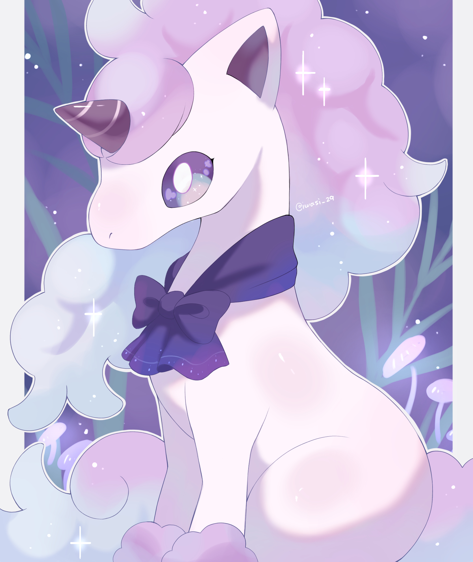 iwasi 29, galarian ponyta, nintendo, pokemon, commentary request, highres, animal focus, artist name, black bow, black bowtie, black eyes, blue hair, bow, bowtie, bright pupils, galarian form, gen 8 pokemon, horns, horse, long hair, multicolored hair, no humans, pillarboxed, pokemon (creature), purple hair, single horn, sitting, twitter username, two-tone hair, unicorn, white pupils