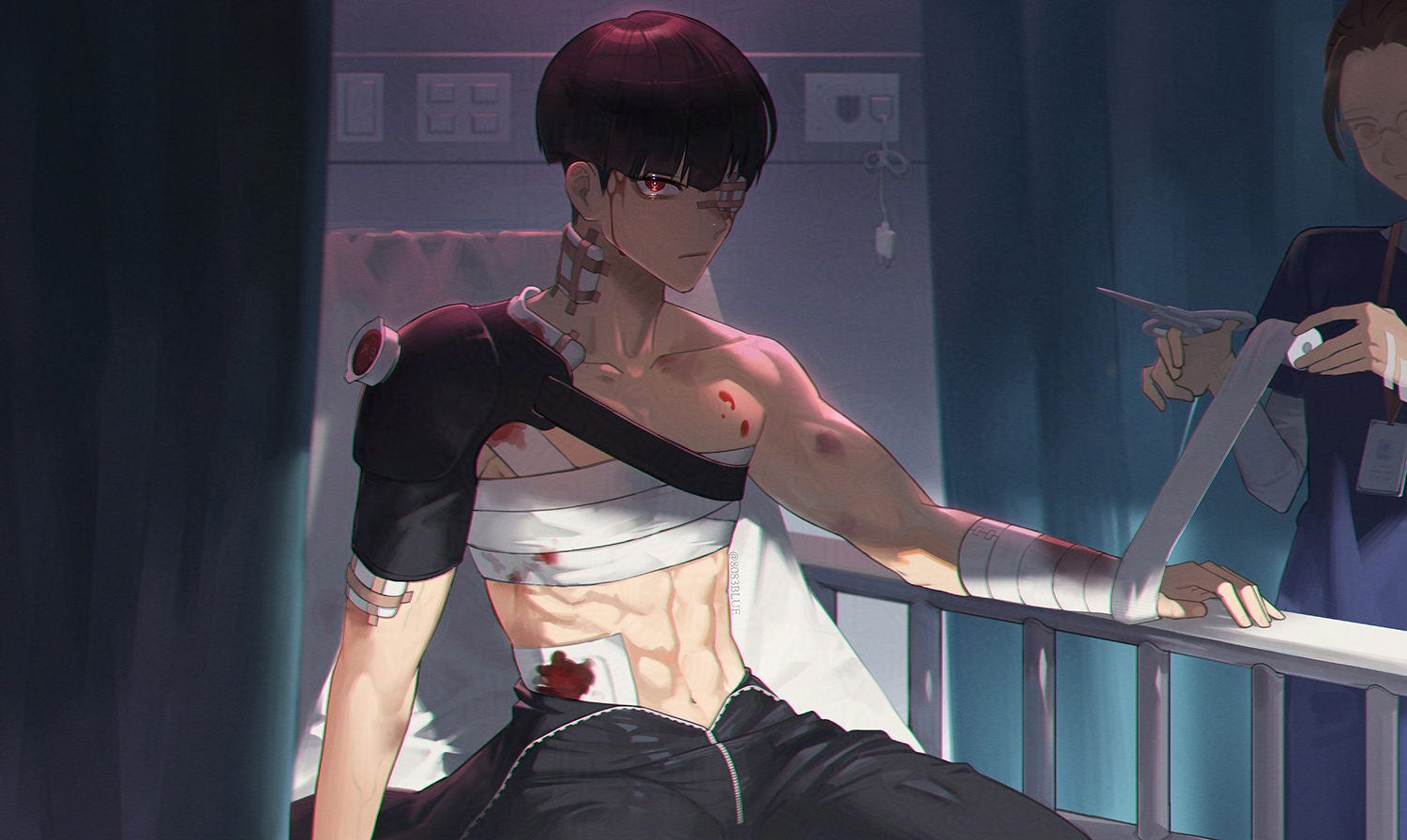 8083 blue, hoshina soshiro, kaijuu no. 8, 1boy, abs, bandaged arm, bandages, black hair, charging device, closed mouth, collarbone, gauze, gauze over eye, holding, holding scissors, injury, looking at viewer, male focus, railing, red eyes, scissors, short hair, sitting, toned, toned male, topless male