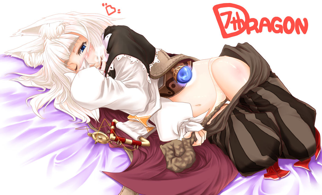 gizensha, ikurakun (7th dragon), mage (7th dragon), 7th dragon, 7th dragon (series), 1girl, animal ears, blue eyes, blush, crotch rub, female focus, female masturbation, fox ears, masturbation, masturbation through clothes, panties, solo, staff, underwear, white hair
