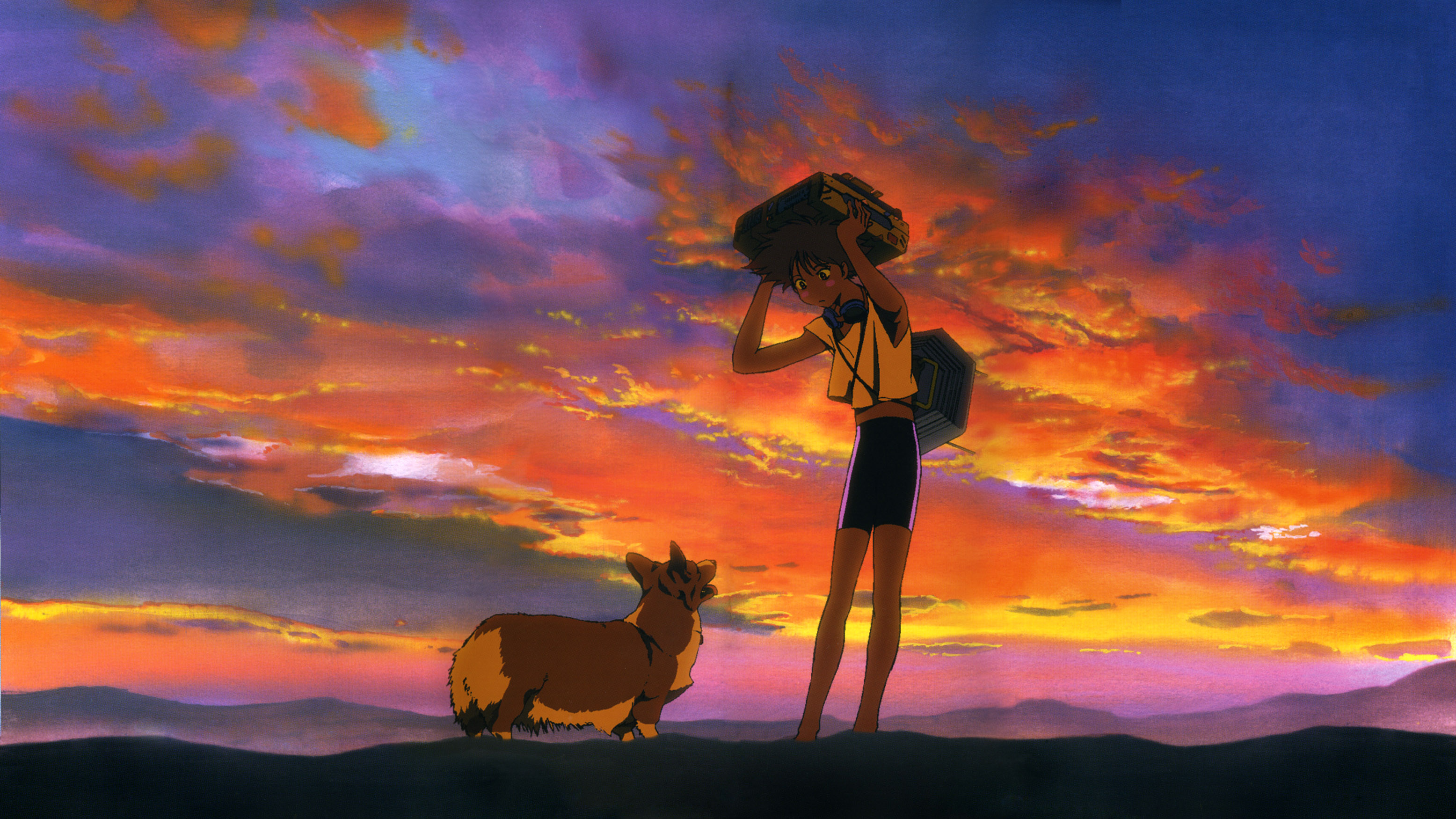 edward wong hau pepelu tivrusky iv, ein (cowboy bebop), cowboy bebop, highres, 1990s (style), 1girl, androgynous, armpits, arms up, balancing, bike shorts, blush stickers, cloud, computer, dog, female focus, midriff, object on head, red hair, retro artstyle, reverse trap, sky, solo, sunset, tank top, tomboy, welsh corgi