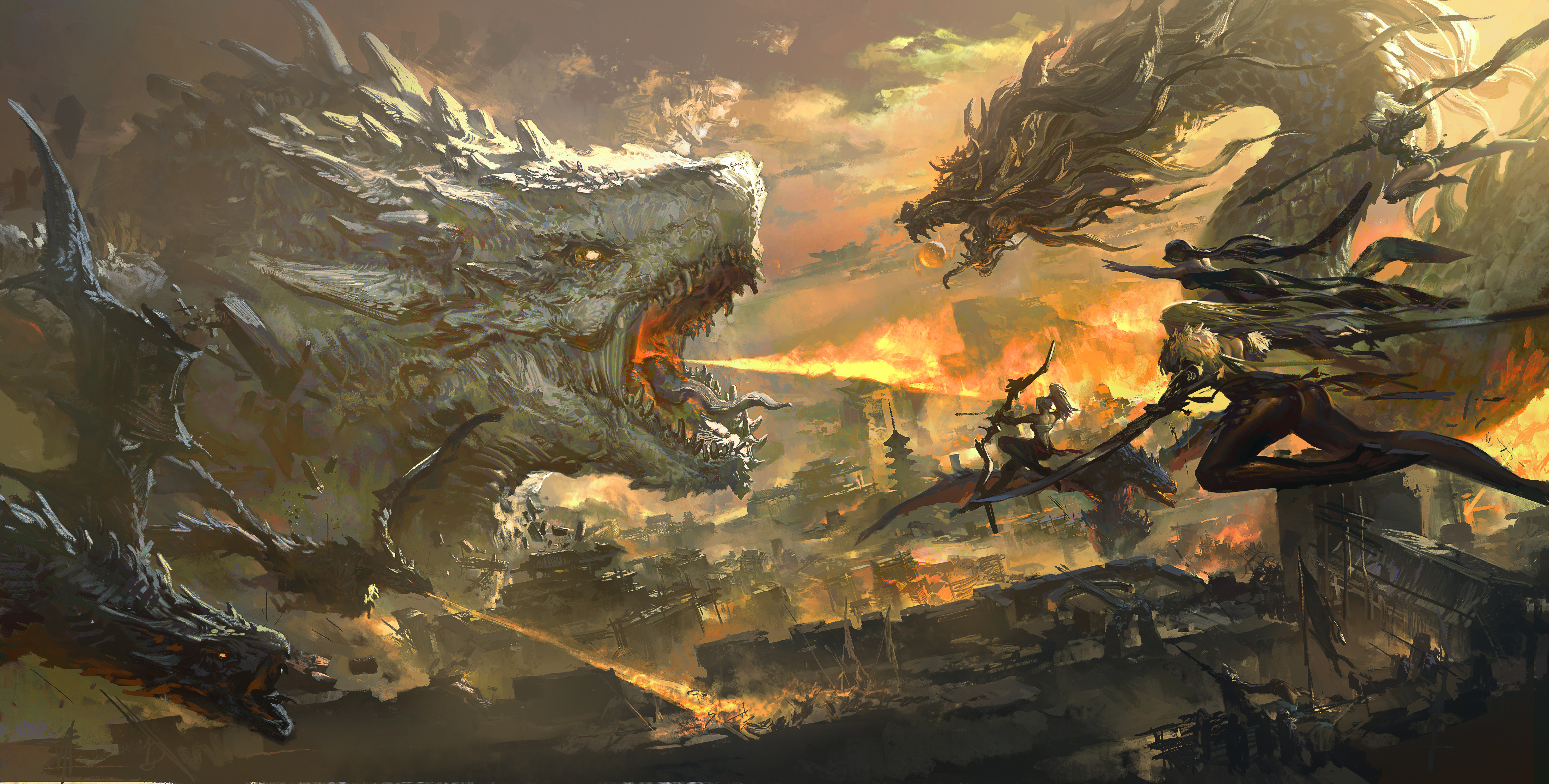 leo-dont-want-to-be-a-painter, original, absurdres, chinese commentary, commentary request, highres, 4girls, ass, battle, bow (weapon), breath weapon, breathing fire, city, destruction, dragon, eastern dragon, fantasy, fire, floating hair, flying, high ponytail, holding, holding bow (weapon), holding polearm, holding sword, holding weapon, long hair, multiple girls, outdoors, polearm, ponytail, sword, weapon, western dragon