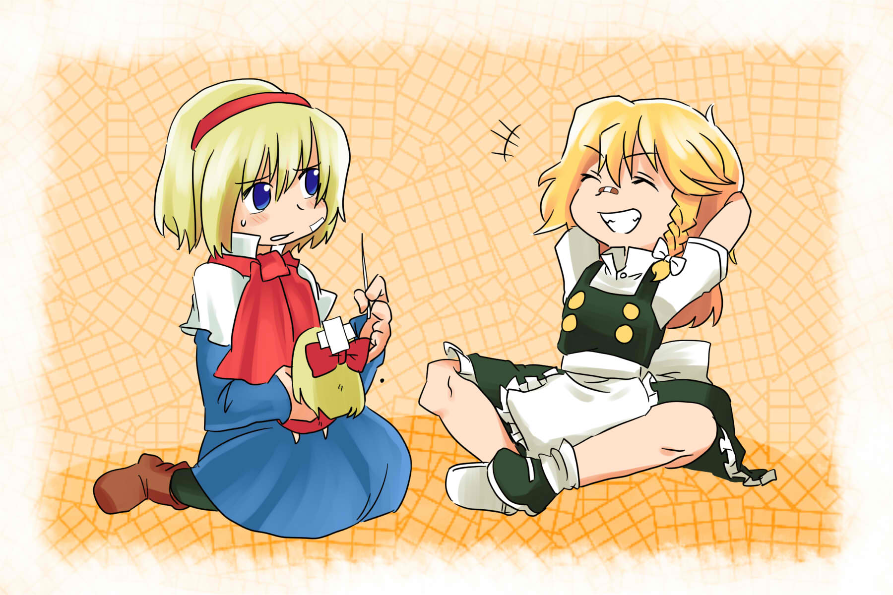 8bit, hachi (8bit canvas), alice margatroid, kirisame marisa, shanghai doll, touhou, highres, 2girls, ^ ^, arms behind head, bandaid, blonde hair, blue eyes, braid, closed eyes, doll, female focus, hairband, multiple girls, sewing, side braid, smile