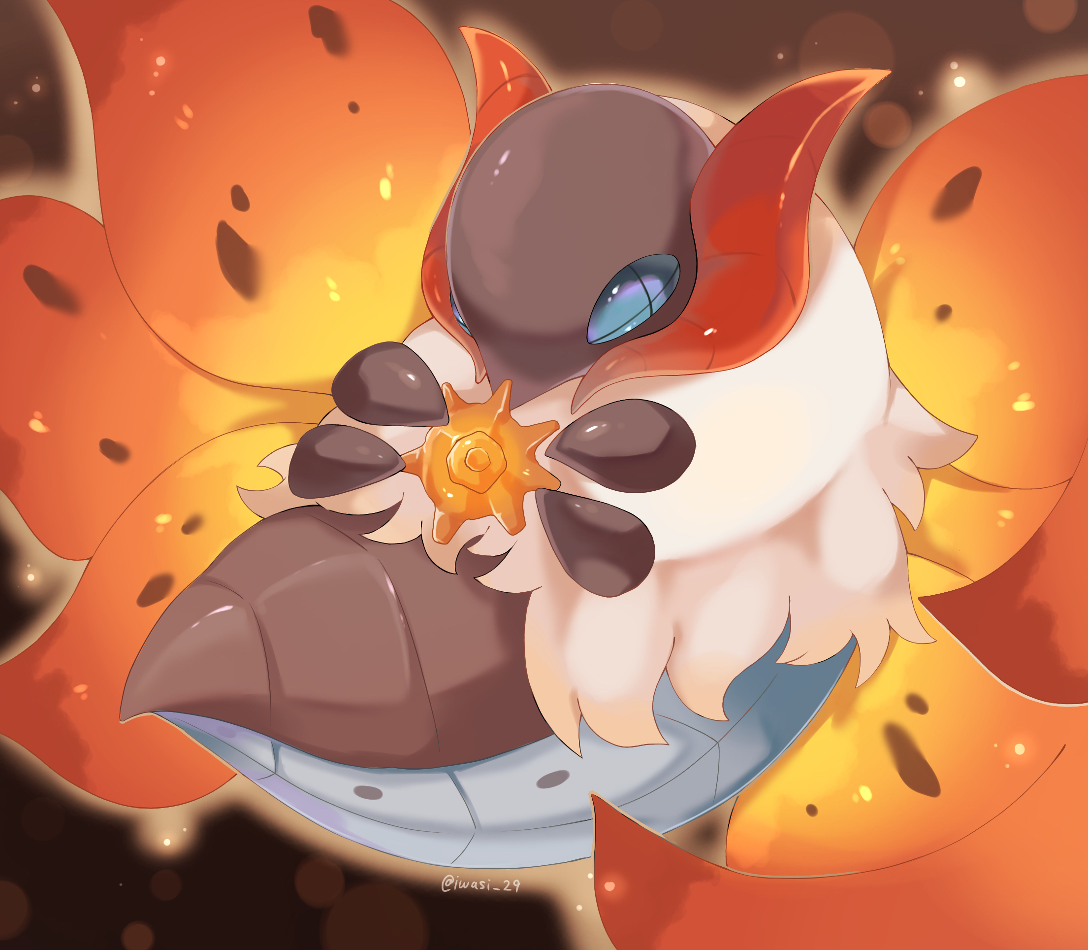 iwasi 29, volcarona, nintendo, pokemon, commentary request, highres, animal focus, aura, blue eyes, bug, cross-shaped pupils, evolution stone, gen 5 pokemon, insect, moth, multiple wings, no humans, pokemon (creature), sun stone (pokemon), symbol-shaped pupils, white fur, wings