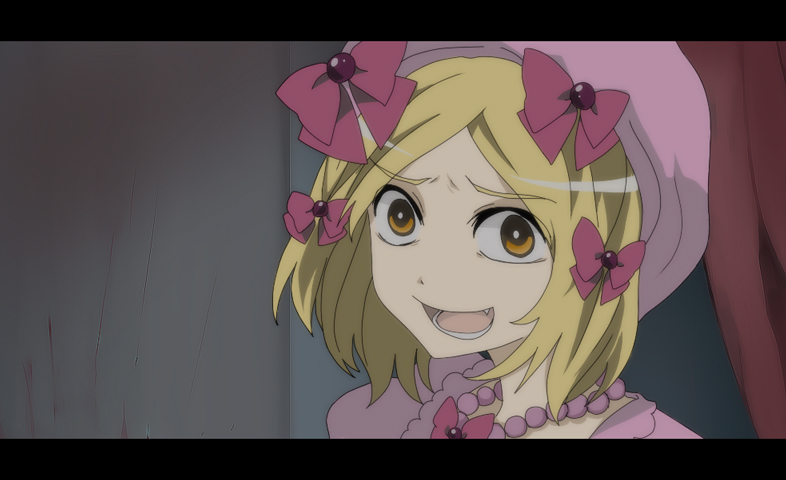 lambdadelta, umineko no naku koro ni, bad id, bad pixiv id, 00s, 1girl, anime coloring, blonde hair, female focus, gem, hat, letterboxed, pearl (gemstone), pink hat, ribbon, solo