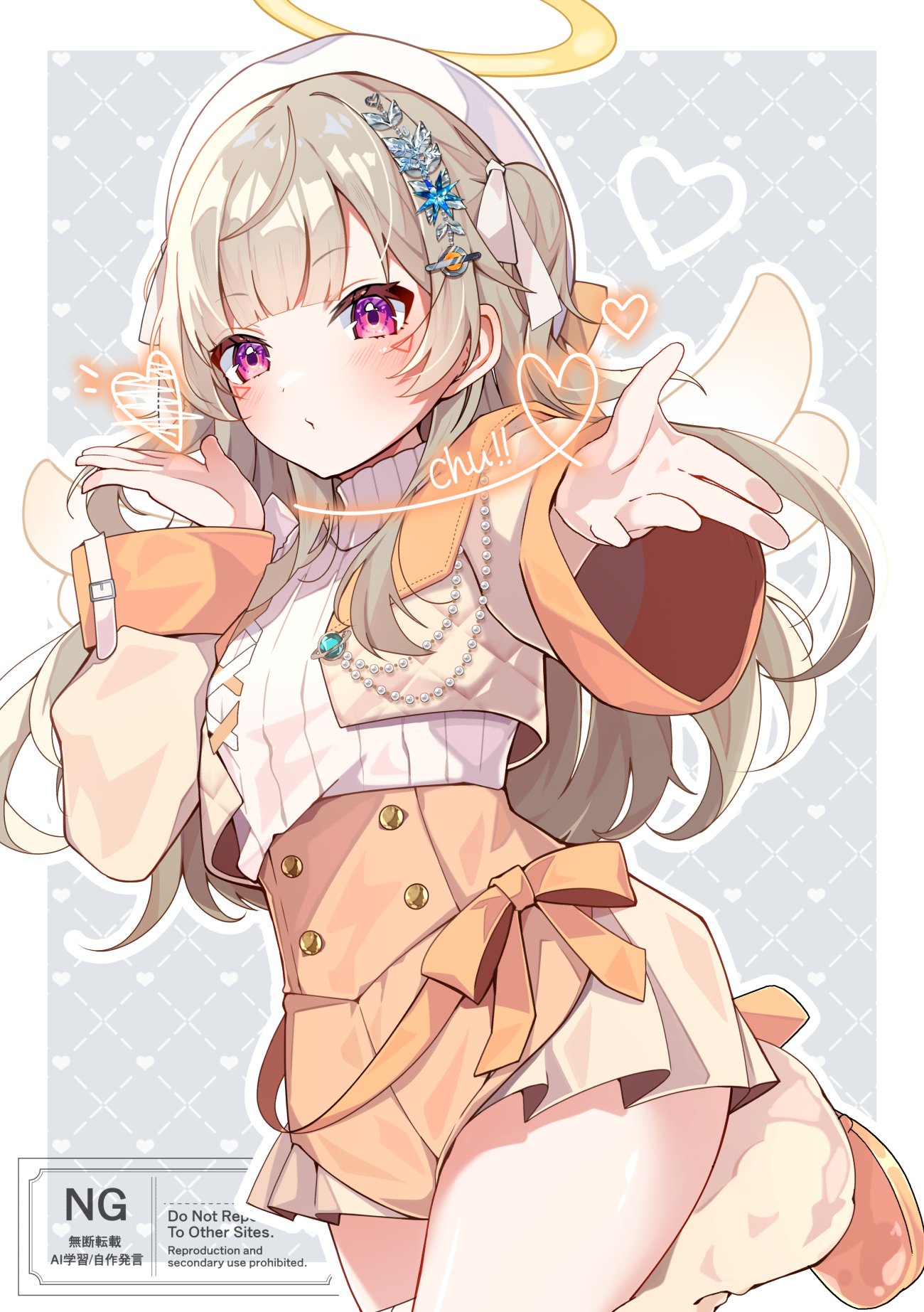 yukijirushi e, komori met, vspo!, commentary request, highres, 1girl, blonde hair, blush, border, closed mouth, cropped jacket, facial mark, hair ornament, halo, hat, heart, jacket, komori met (7th costume), looking at viewer, open clothes, open jacket, orange shoes, outline, outside border, purple eyes, shirt, shoes, solo, virtual youtuber, watermark, white border, white hat, white outline, white shirt