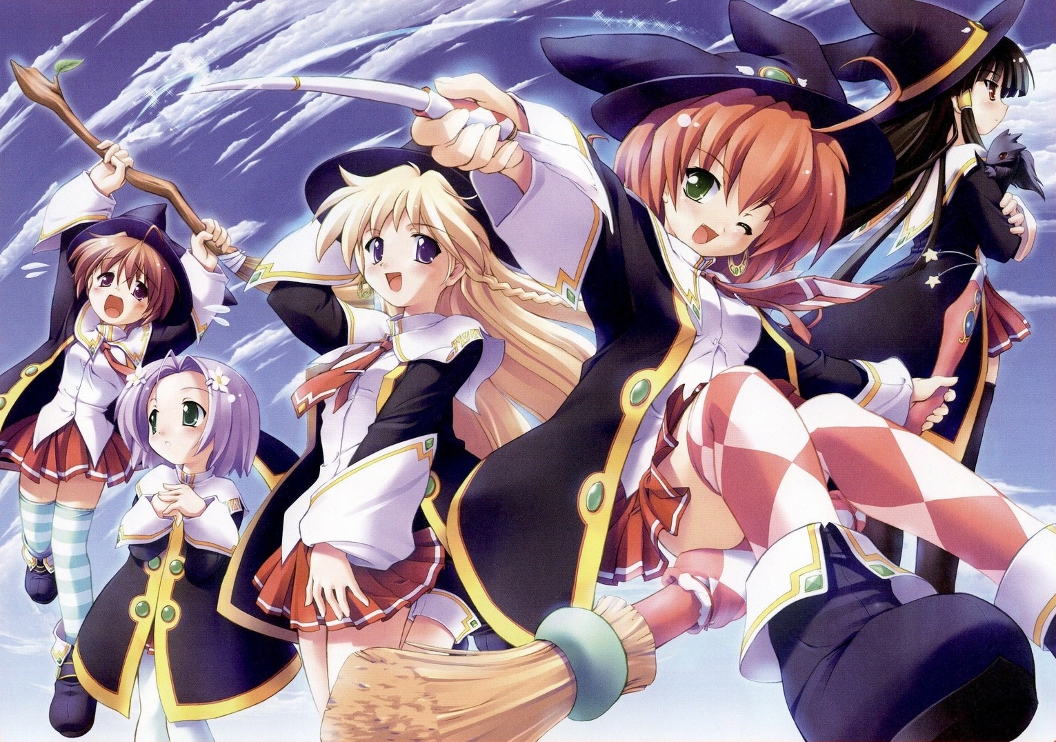 komatsu eiji, ellene sylvana, milky milkcock, rydia arsenal, seven (majokko), silvia aizetto, majokko a la mode, striped legwear, 5girls, broom, everyone, hat, multiple girls, pantyhose, school uniform, striped clothes, striped thighhighs, thighhighs, white pantyhose