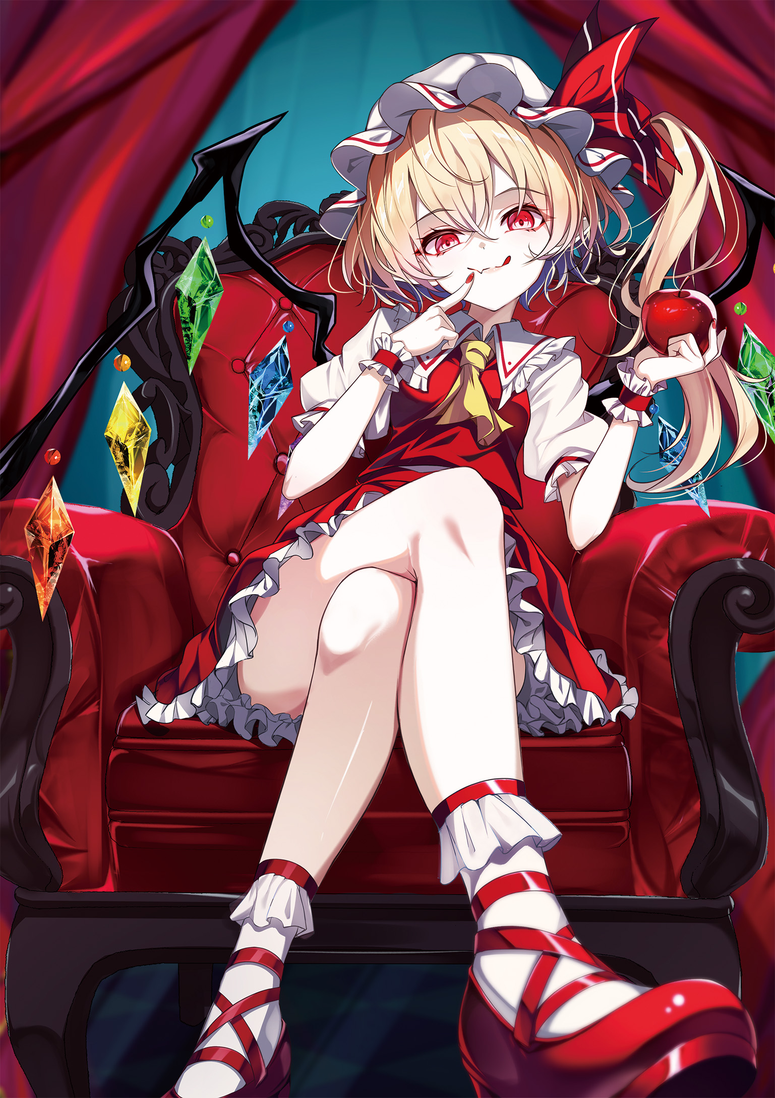 yamanakaume, flandre scarlet, touhou, commentary, highres, 1girl, :q, apple, ascot, blonde hair, crossed legs, crystal, crystal wings, fang, finger to mouth, food, from below, fruit, hat, hat ribbon, holding, holding food, holding fruit, looking at viewer, mob cap, multicolored wings, one side up, red nails, red shoes, red skirt, red vest, ribbon, scrunchie, shoes, side ponytail, sitting, skirt, skirt set, solo, tongue, tongue out, vest, white hat, wings, wrist scrunchie, yellow ascot