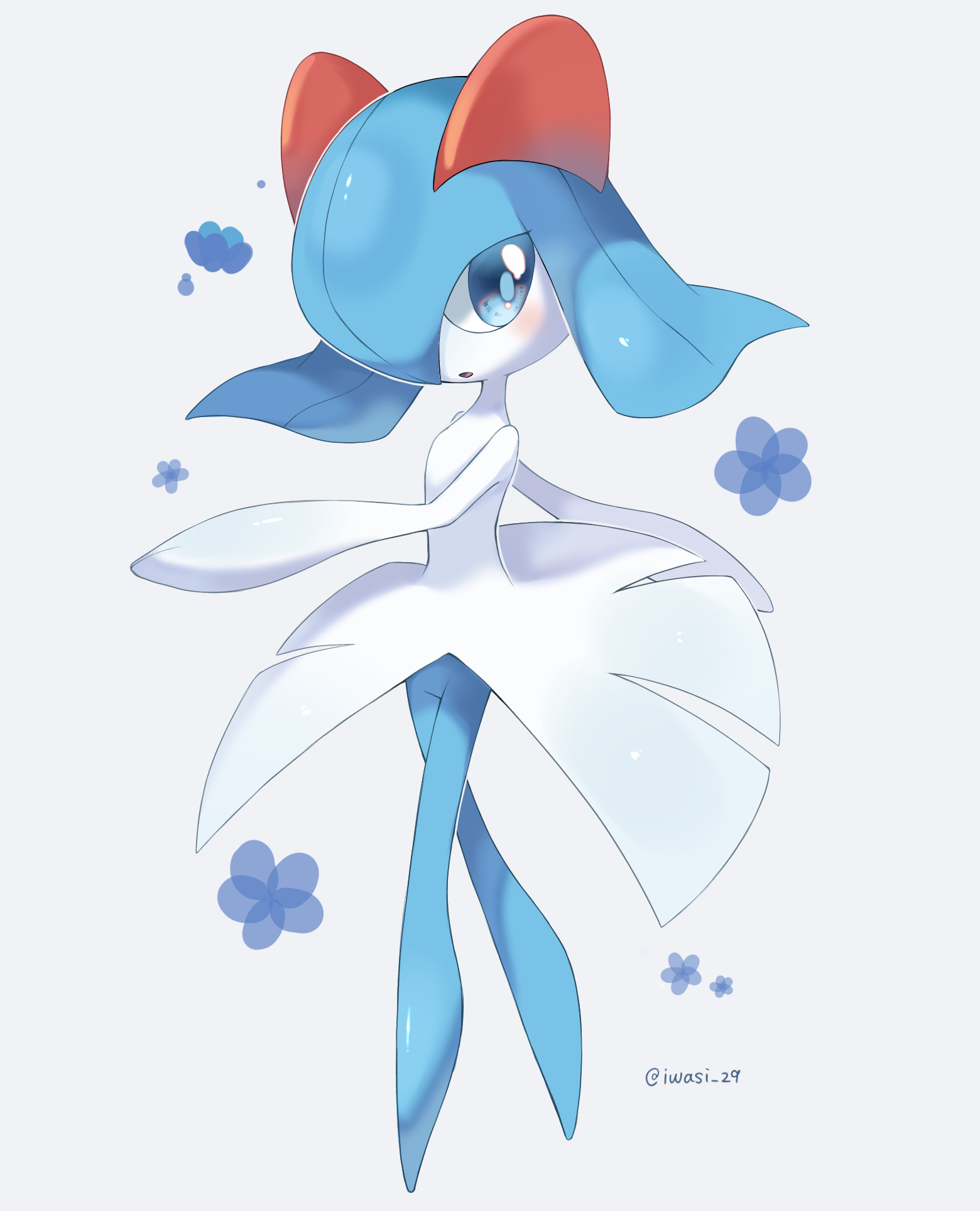 iwasi 29, kirlia, nintendo, pokemon, commentary request, highres, alternate color, artist name, blue eyes, blue flower, blue hair, colored skin, flower, gen 3 pokemon, pokemon (creature), shiny pokemon, simple background, standing, twitter username, white background, white skin
