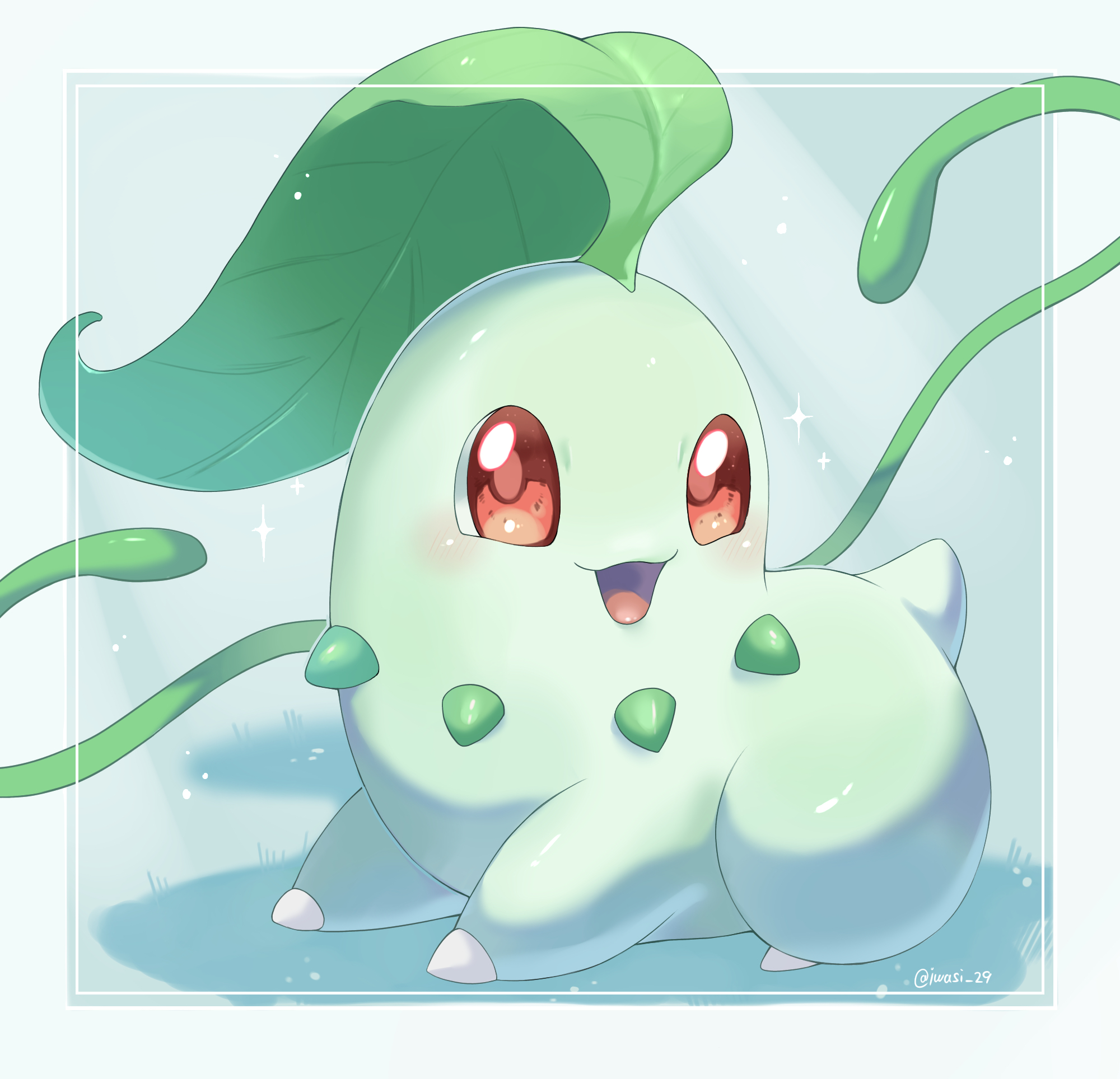 iwasi 29, chikorita, nintendo, pokemon, commentary request, highres, :d, artist name, border, gen 2 pokemon, leaf, no humans, open mouth, outside border, plant, pokemon (creature), red eyes, smile, tail, twitter username, vines, white border
