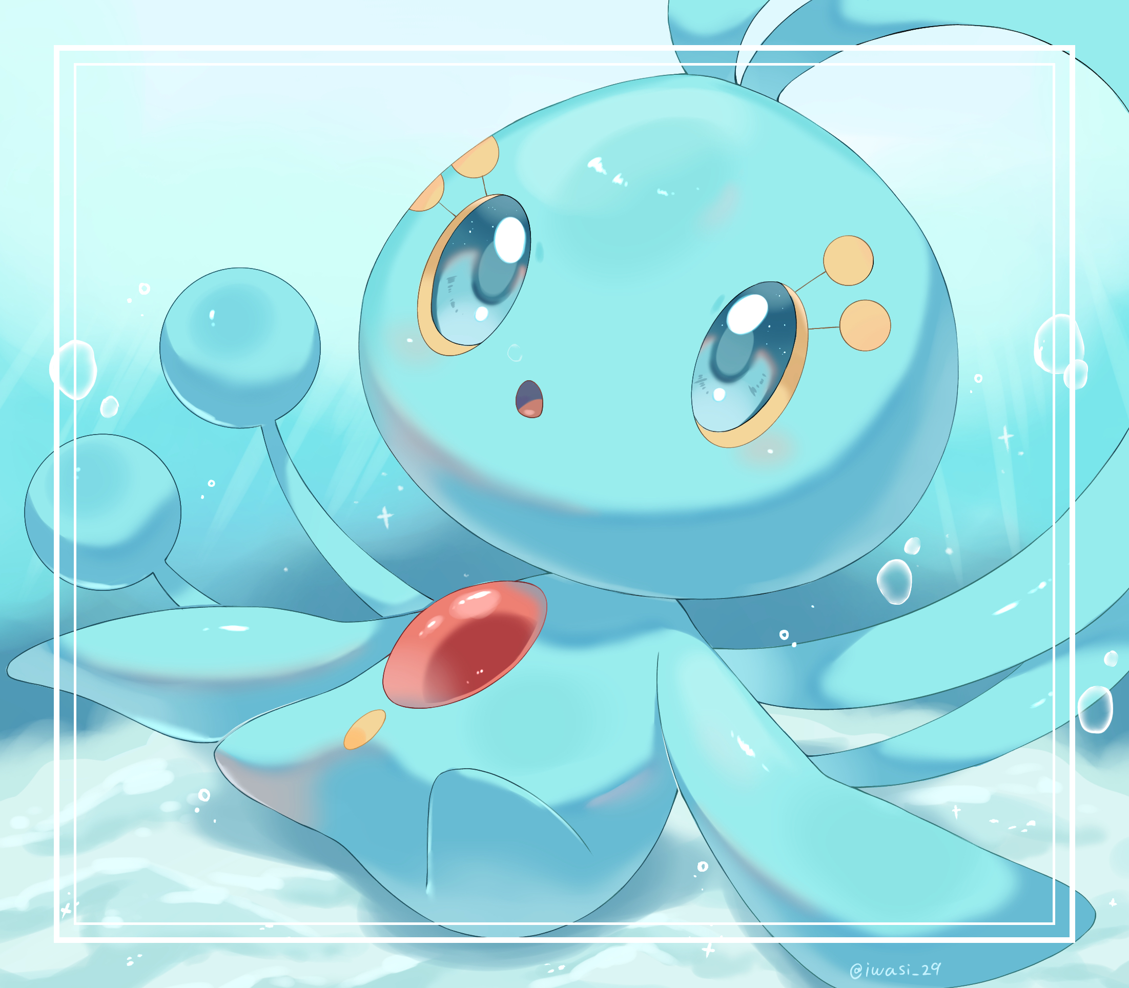 iwasi 29, manaphy, nintendo, pokemon, commentary request, highres, :o, antennae, artist name, blue eyes, bubble, colored sclera, eyelashes, gen 4 pokemon, legendary pokemon, looking up, mythical pokemon, no humans, pokemon (creature), twitter username, underwater, yellow sclera