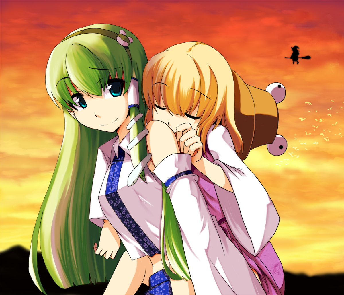 oyaji-sou, kirisame marisa, kochiya sanae, moriya suwako, touhou, bad id, bad pixiv id, 3girls, bare shoulders, blonde hair, blue eyes, carrying, closed eyes, detached sleeves, female focus, frog, green hair, hairband, hat, looking back, multiple girls, piggyback, raised eyebrow, silhouette, sleeping, smile, snake, sunset, unworn hat, unworn headwear