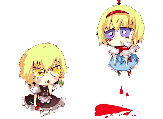 terada tera, alice margatroid, kirisame marisa, touhou, bad id, bad pixiv id, 2girls, blonde hair, blood, blue eyes, braid, chibi, female focus, hairband, hanged, heart, multiple girls, scissors, short hair, tears, white background, yellow eyes