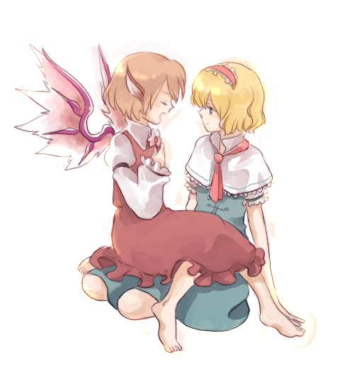 natsume (menthol), natsume (pixiv), alice margatroid, mystia lorelei, touhou, bad id, bad pixiv id, 2girls, animal ears, barefoot, blonde hair, blue eyes, brown hair, capelet, closed eyes, female focus, multiple girls, music, necktie, short hair, singing, sitting, sitting on lap, sitting on person, wings, yuri