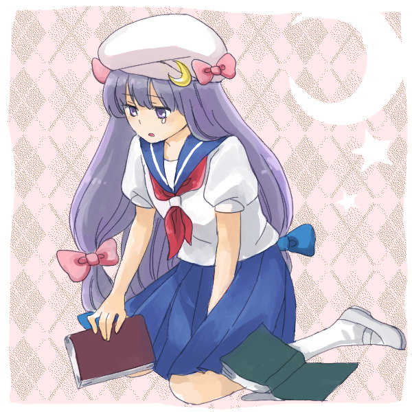natsume (menthol), natsume (pixiv), patchouli knowledge, touhou, bad id, bad pixiv id, 1girl, alternate costume, book, bow, crescent, female focus, hat, long hair, pink bow, purple eyes, purple hair, school uniform, solo, tears