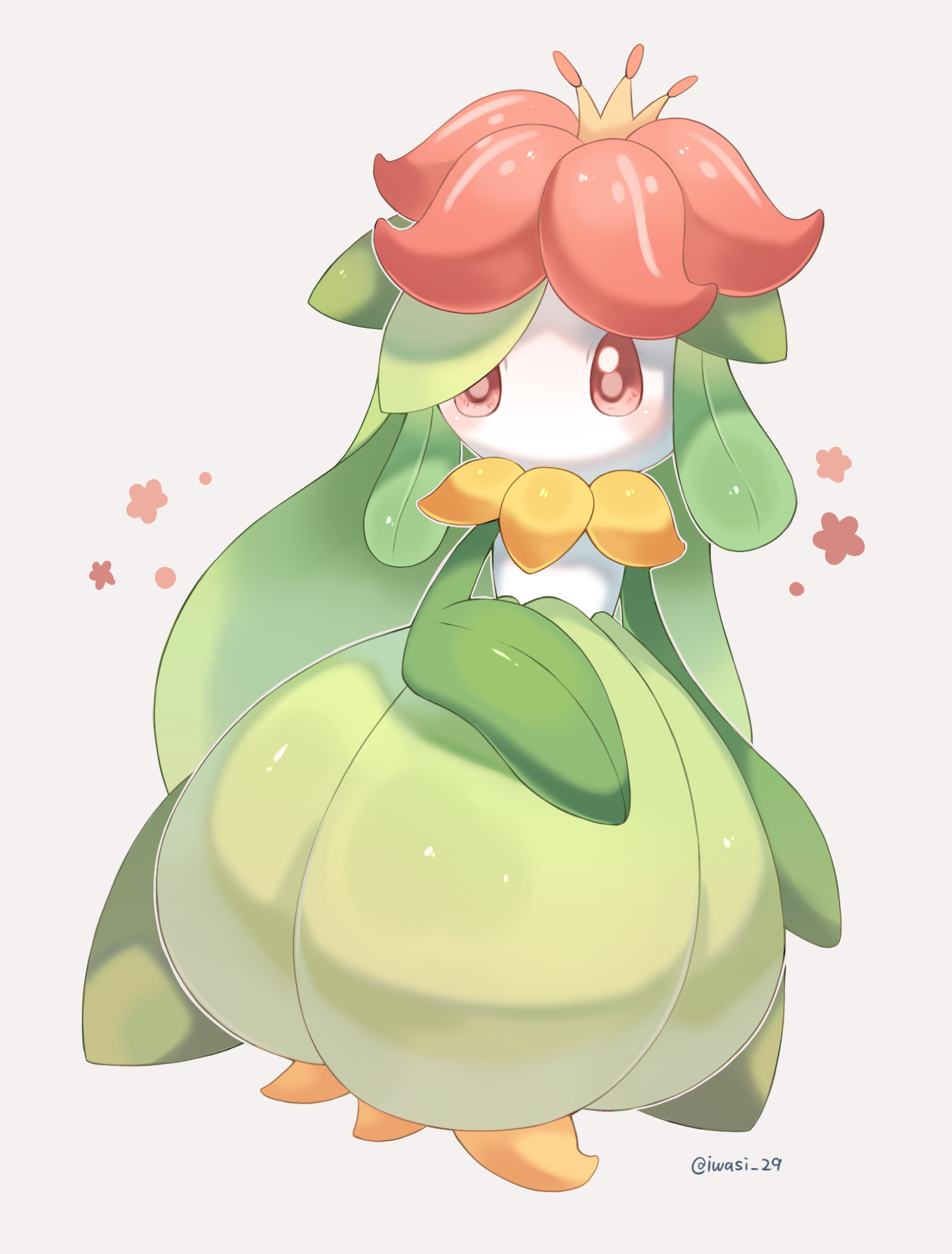 iwasi 29, lilligant, nintendo, pokemon, commentary request, highres, 1girl, artist name, colored skin, crown, gen 5 pokemon, green hair, long hair, monster girl, plant girl, pokemon (creature), red eyes, simple background, standing, twitter username, white background, white skin