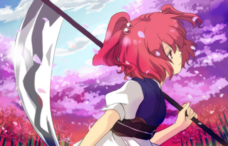 natsume (menthol), natsume (pixiv), onozuka komachi, touhou, bad id, bad pixiv id, 1girl, cloud, female focus, flower, hair bobbles, hair ornament, outdoors, plant, red eyes, red flower, red hair, scythe, short hair, sky, solo, spider lily, standing, twintails, two side up, upper body