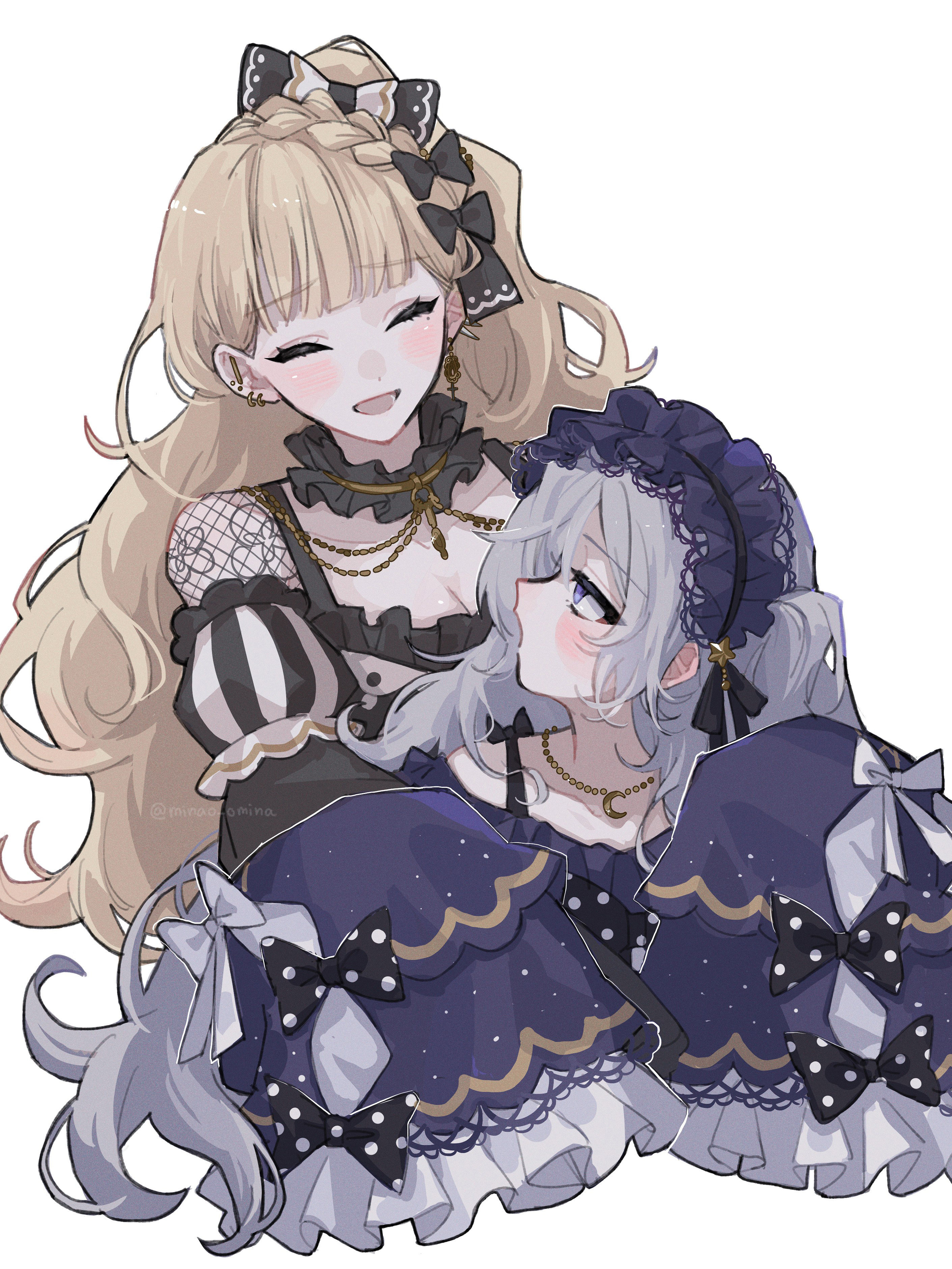natsume an-an, saeki miria, mahou shoujo no majo saiban, absurdres, highres, 2girls, :d, black bow, blonde hair, blue eyes, blush, bow, closed eyes, crescent, crescent necklace, cropped torso, gothic lolita, grey hair, hair bow, hairband, jewelry, lolita fashion, lolita hairband, long hair, long sleeves, looking at another, minao omina, multiple girls, necklace, open mouth, polka dot, polka dot bow, simple background, sleeves past fingers, sleeves past wrists, smile, white background