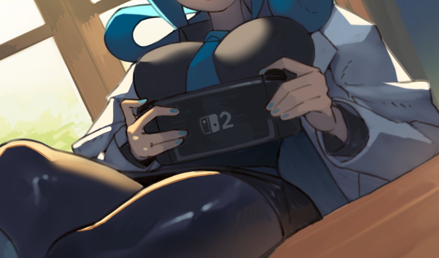 orlek, mable (pokemon), nintendo, pokemon, pokemon legends: z-a, commentary, 1girl, black shirt, black skirt, blue hair, blue necktie, breasts, coat, desk, hair rings, handheld game console, holding, holding handheld game console, indoors, large breasts, long sleeves, nail polish, necktie, nintendo switch 2, open clothes, open coat, pantyhose, shirt, skirt, solo, window
