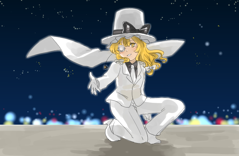 natsume (menthol), natsume (pixiv), kirisame marisa, touhou, bad id, bad pixiv id, 1girl, blonde hair, braid, cape, female focus, formal clothes, hat, long hair, monocle, monocle chain, necktie, pant suit, pants, solo, suit, yellow eyes