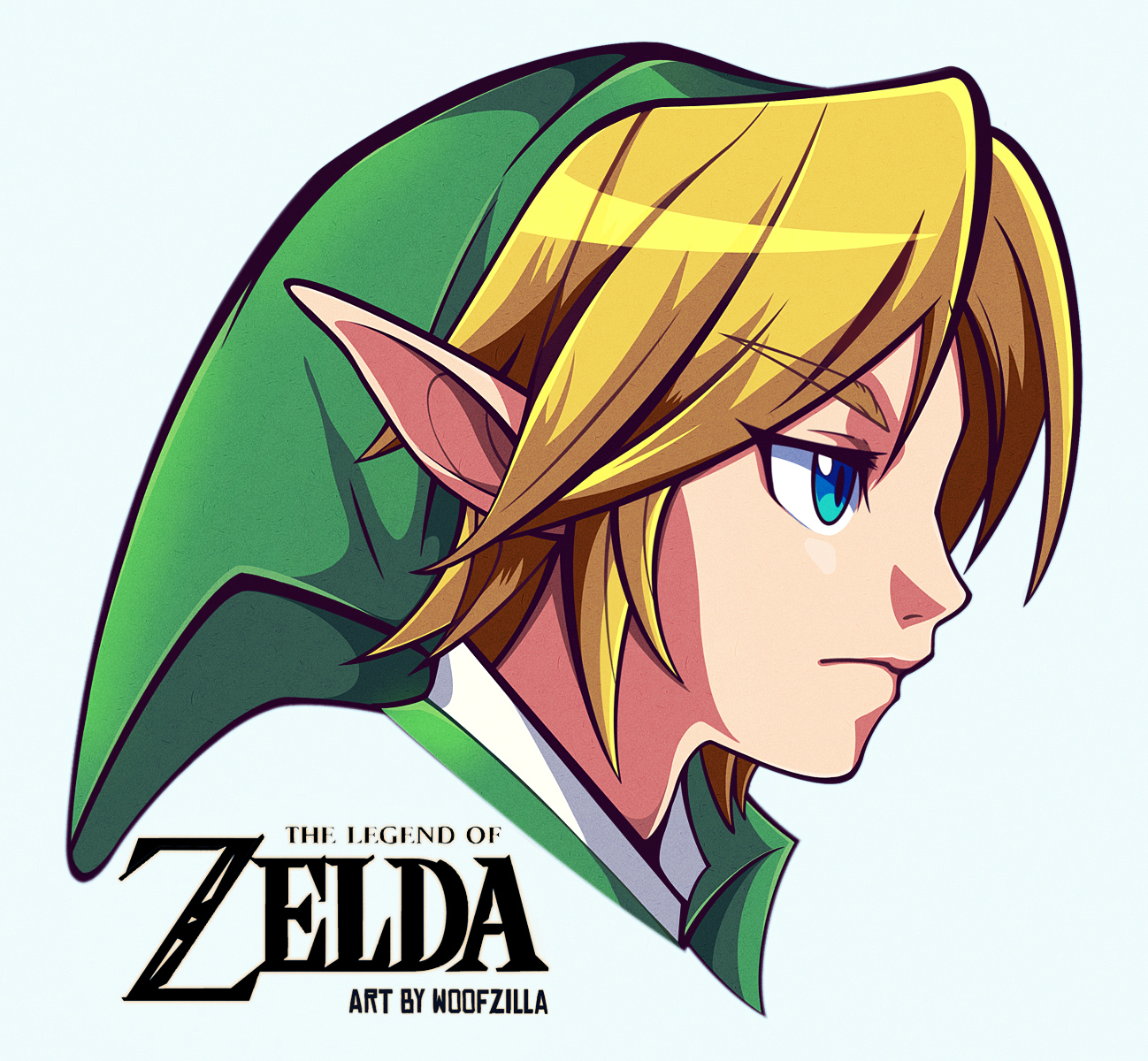 woofzilla, link, nintendo, the legend of zelda, the legend of zelda: ocarina of time, commentary, english commentary, highres, 1boy, blonde hair, blue eyes, closed mouth, copyright name, cropped shoulders, from side, green hat, hat, male focus, pointy ears, portrait, short hair, simple background, solo