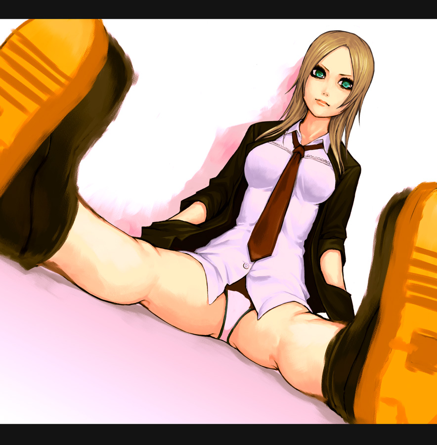yuuji (and), mustard seeds, original, bad id, bad pixiv id, 1girl, blonde hair, dutch angle, female focus, foreshortening, green eyes, letterboxed, necktie, no pants, panties, short hair, sitting, sleeves rolled up, solo, spread legs, underwear