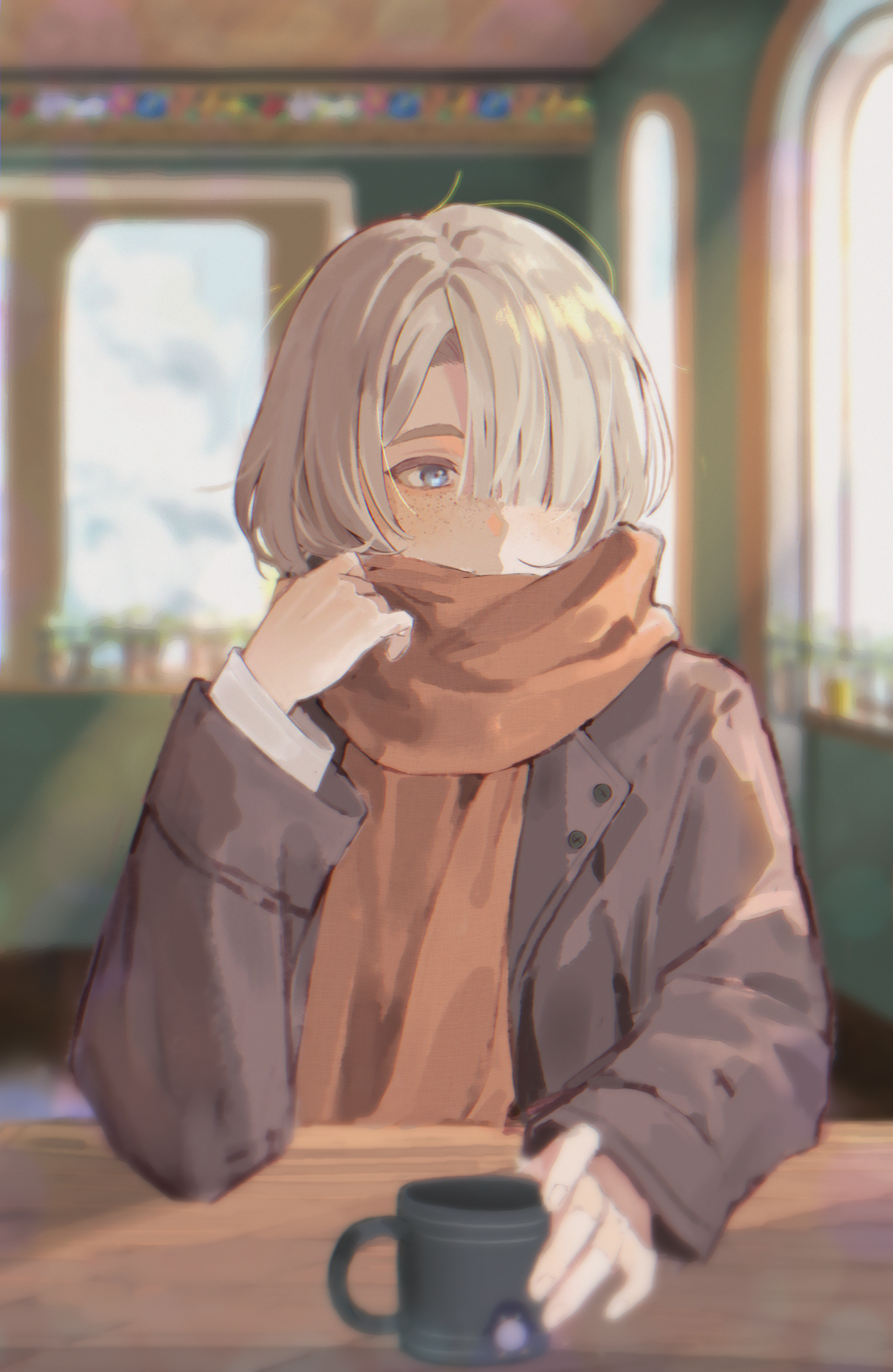 pers thepenguin, freminet (genshin impact), genshin impact, absurdres, highres, 1boy, blonde hair, blue eyes, cup, hair over one eye, hand up, holding, holding cup, jacket, looking at viewer, male focus, scar, scar on face, short hair, solo