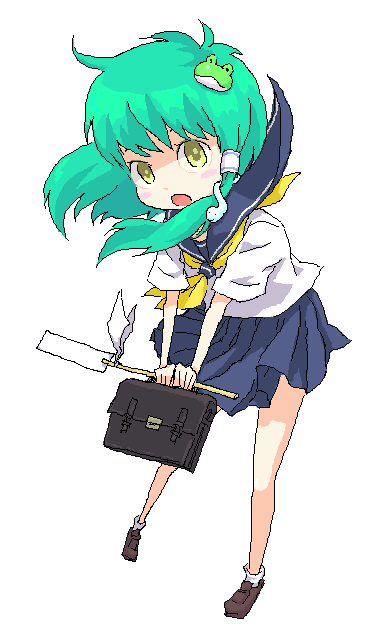 roku, roku (warrock), kochiya sanae, touhou, 1girl, alternate costume, bag, female focus, frog, green hair, long hair, oekaki, satchel, school bag, school uniform, serafuku, solo, yellow eyes