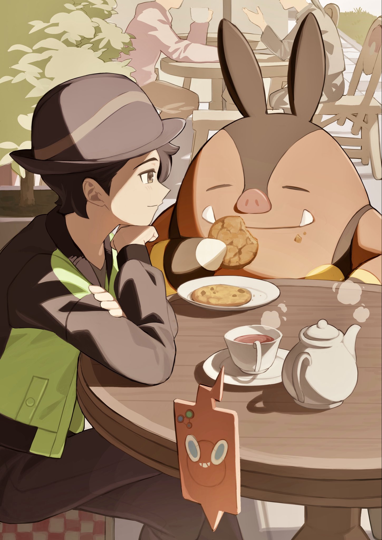 amakara000, paxton (pokemon), pignite, rotom, rotom phone, nintendo, pokemon, pokemon legends: z-a, commentary, highres, symbol-only commentary, 3boys, black hair, black pants, closed mouth, cookie, crossed legs, cup, day, eating, food, food on face, gen 4 pokemon, gen 5 pokemon, green jacket, hat, jacket, long sleeves, male focus, multiple boys, outdoors, pants, plate, pokemon (creature), saucer, short hair, sitting, steam, table, teacup, teapot