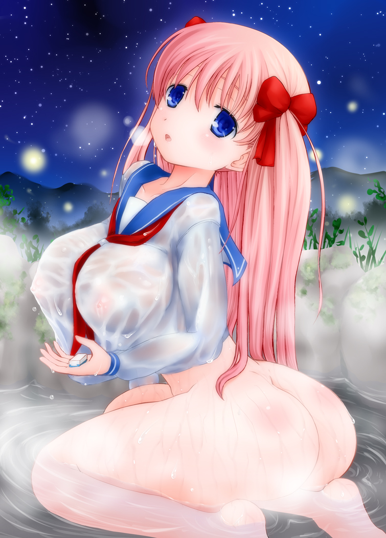 rudo, haramura nodoka, saki (manga), 00s, 1girl, ass, bad anatomy, bad proportions, barefoot, blue eyes, blush, bottomless, breasts, dimples of venus, female focus, huge breasts, no panties, no pants, onsen, pink hair, poorly drawn, ribbon, school uniform, see-through clothes, serafuku, solo, twintails, wet, wet clothes
