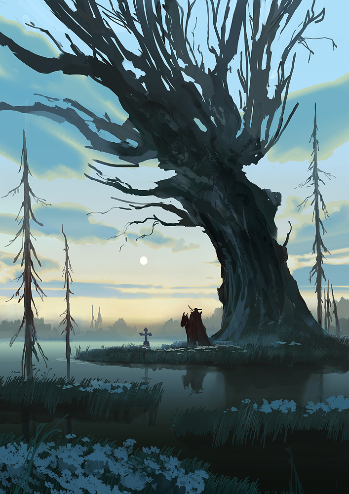 denis istomin, original, commentary, english commentary, 1other, ambiguous gender, bare tree, cloud, flower, full moon, horseback riding, lake, moon, outdoors, reflection, reflective water, riding, scenery, sky, sunrise, tombstone, tree, white flower, wide shot