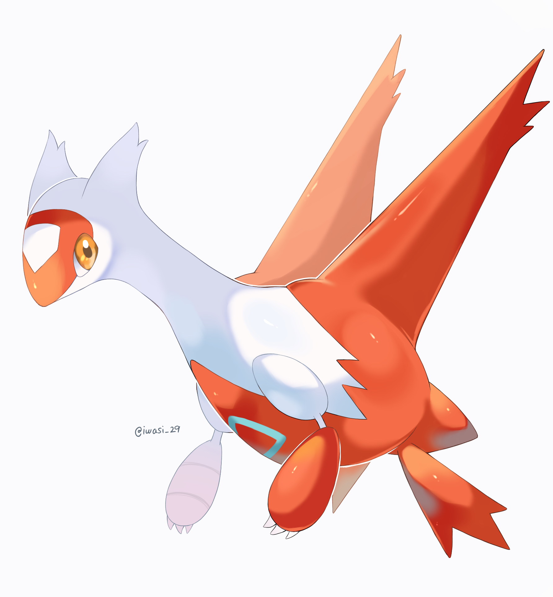 iwasi 29, latias, nintendo, pokemon, commentary request, highres, claws, full body, gen 3 pokemon, legendary pokemon, no humans, pokemon (creature), pokemon focus, simple background, solo, twitter username, white background, yellow eyes