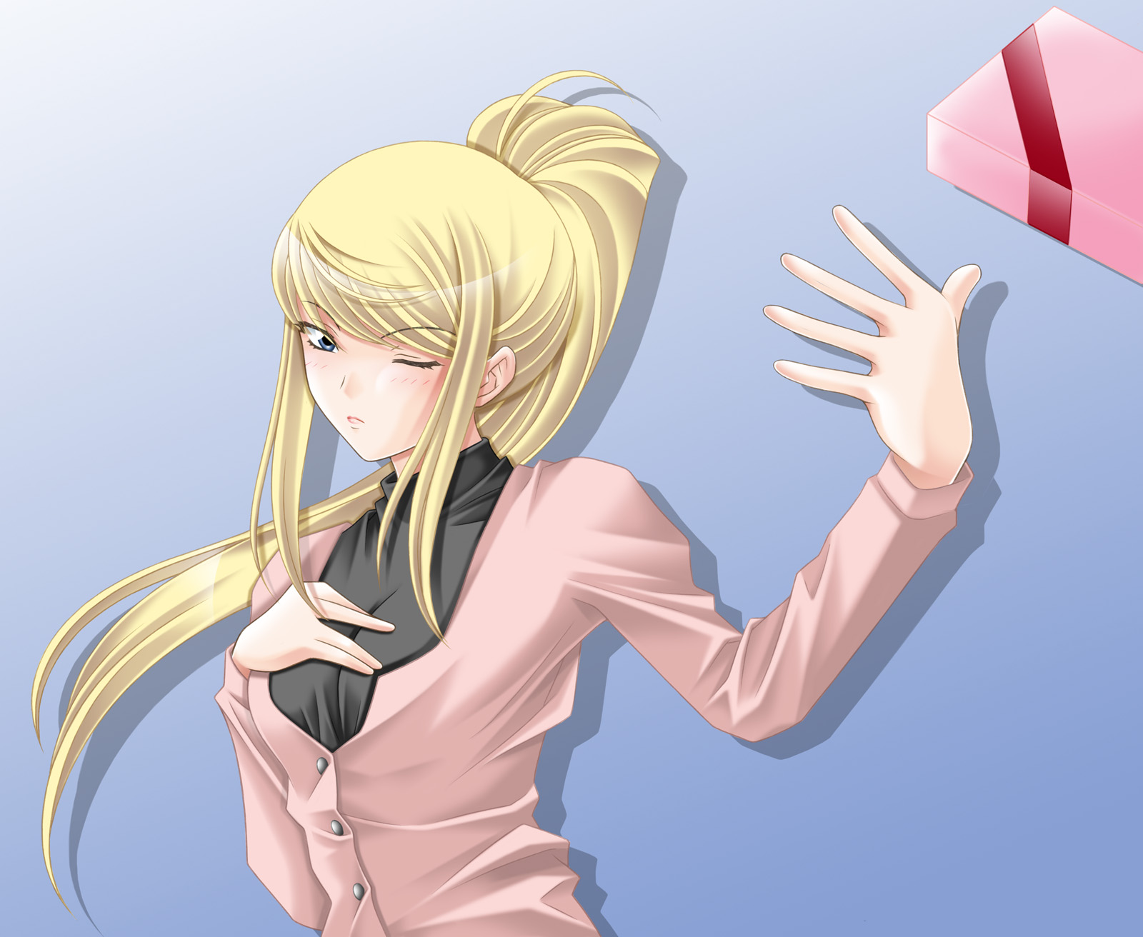 tamamon, samus aran, metroid, nintendo, bad id, bad pixiv id, highres, 1girl, alternate costume, blonde hair, blue eyes, blush, business suit, contemporary, female focus, formal clothes, incoming gift, one eye closed, ponytail, solo, suit, valentine, wink