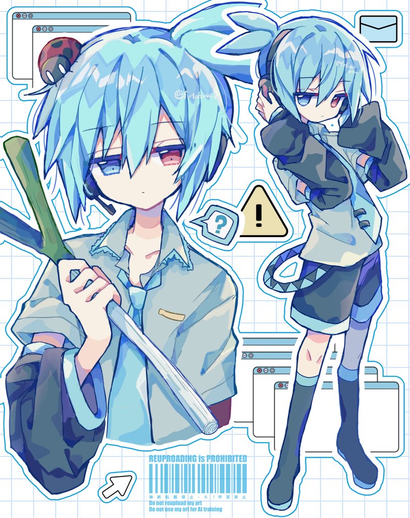 futaba969649, hatsune mikuo, sig (puyopuyo), puyopuyo, vocaloid, commentary request, 1boy, ?, black boots, black shorts, blue eyes, blue hair, blue necktie, boots, closed mouth, collarbone, collared shirt, cosplay, cropped torso, cursor, double-parted bangs, food, full body, grey shirt, grid background, hair between eyes, hatsune mikuo (cosplay), heterochromia, holding, holding food, holding spring onion, holding vegetable, knee boots, looking at viewer, male focus, multiple views, necktie, outline, red eyes, shirt, short hair, short sleeves, shorts, spoken question mark, spring onion, standing, tie clip, vegetable, watermark, white background, white outline, window (computing)