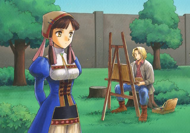 yamagata isaemon, eioross, lilie (atelier), atelier (series), atelier lilie, gust, wall, 1990s (style), 1boy, 1girl, arms behind back, blonde hair, blunt bangs, boots, breasts, briefcase, brown hair, bush, canvas (object), day, denim, dress, easel, grass, hair ribbon, hat, jeans, jewelry, nature, open clothes, open shirt, outdoors, paint palette, painting (action), pants, parted bangs, pendant, retro artstyle, ribbon, shirt, short hair, sidelocks, sitting, sky, smile, solo focus, spread legs, standing, tree, tree stump, wavy hair, yellow eyes