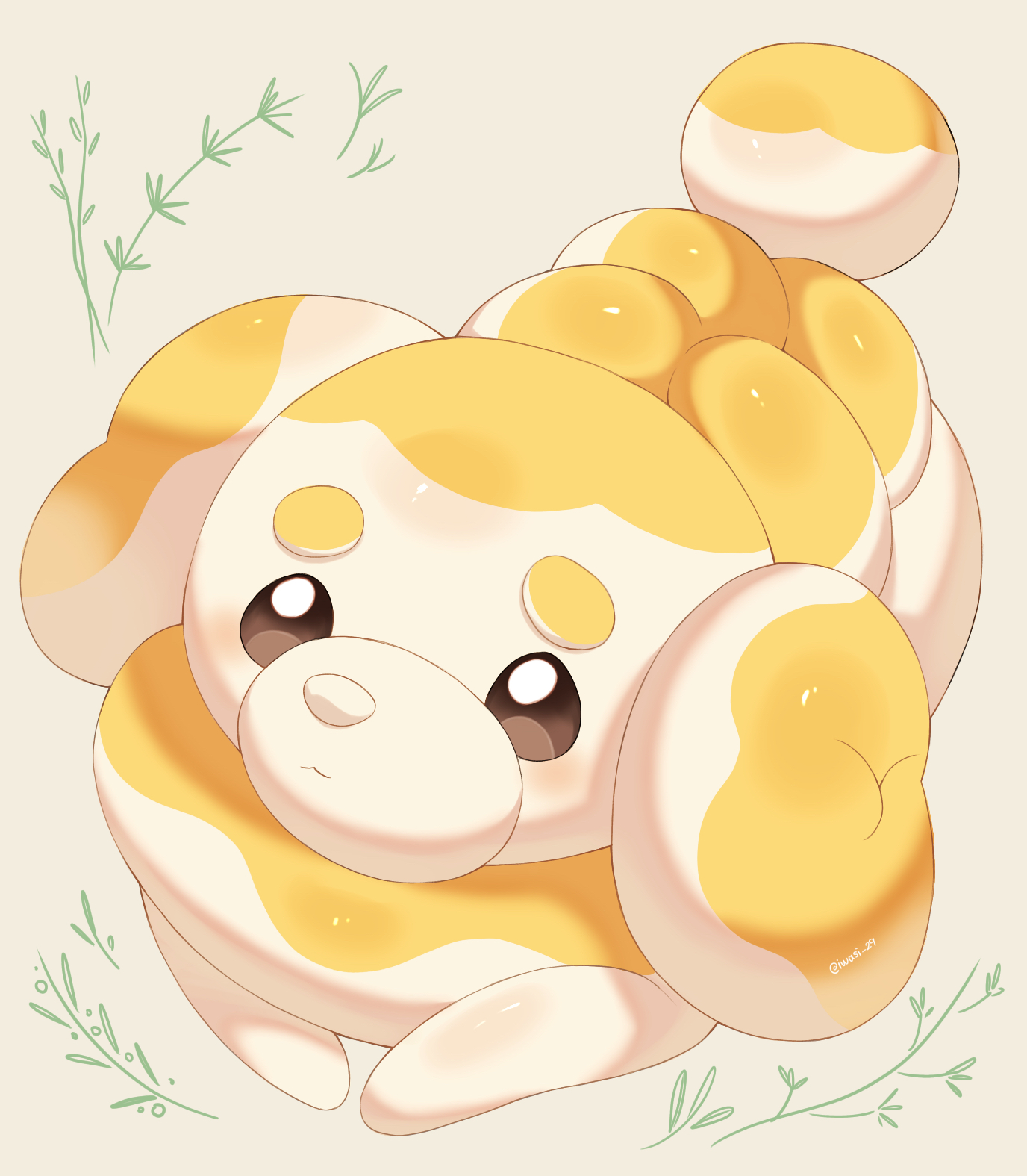 iwasi 29, fidough, nintendo, pokemon, commentary request, highres, brown eyes, closed mouth, dog, full body, grey background, no humans, pokemon (creature), pokemon focus, solo, thick eyebrows
