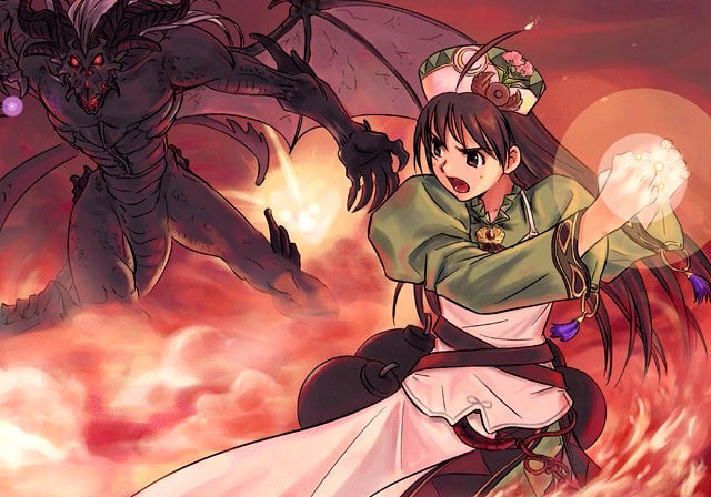 viorate platane, atelier (series), atelier viorate, gust, 1girl, battle, demon, dragon, female focus, monster, red eyes
