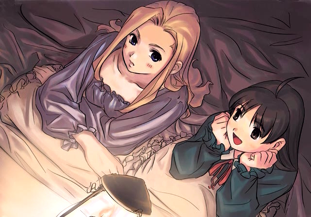 futaba jun, brigitt sihern, viorate platane, atelier (series), atelier viorate, gust, light, 2girls, :d, :o, ahoge, bed, bed sheet, black eyes, black hair, blonde hair, blue eyes, blush, collarbone, crossed arms, dark, embarrassed, eye contact, female focus, frills, happy, head rest, indoors, long hair, looking at another, lying, multiple girls, nightgown, on stomach, open mouth, pillow, ribbon, sidelocks, smile, under covers, wavy hair