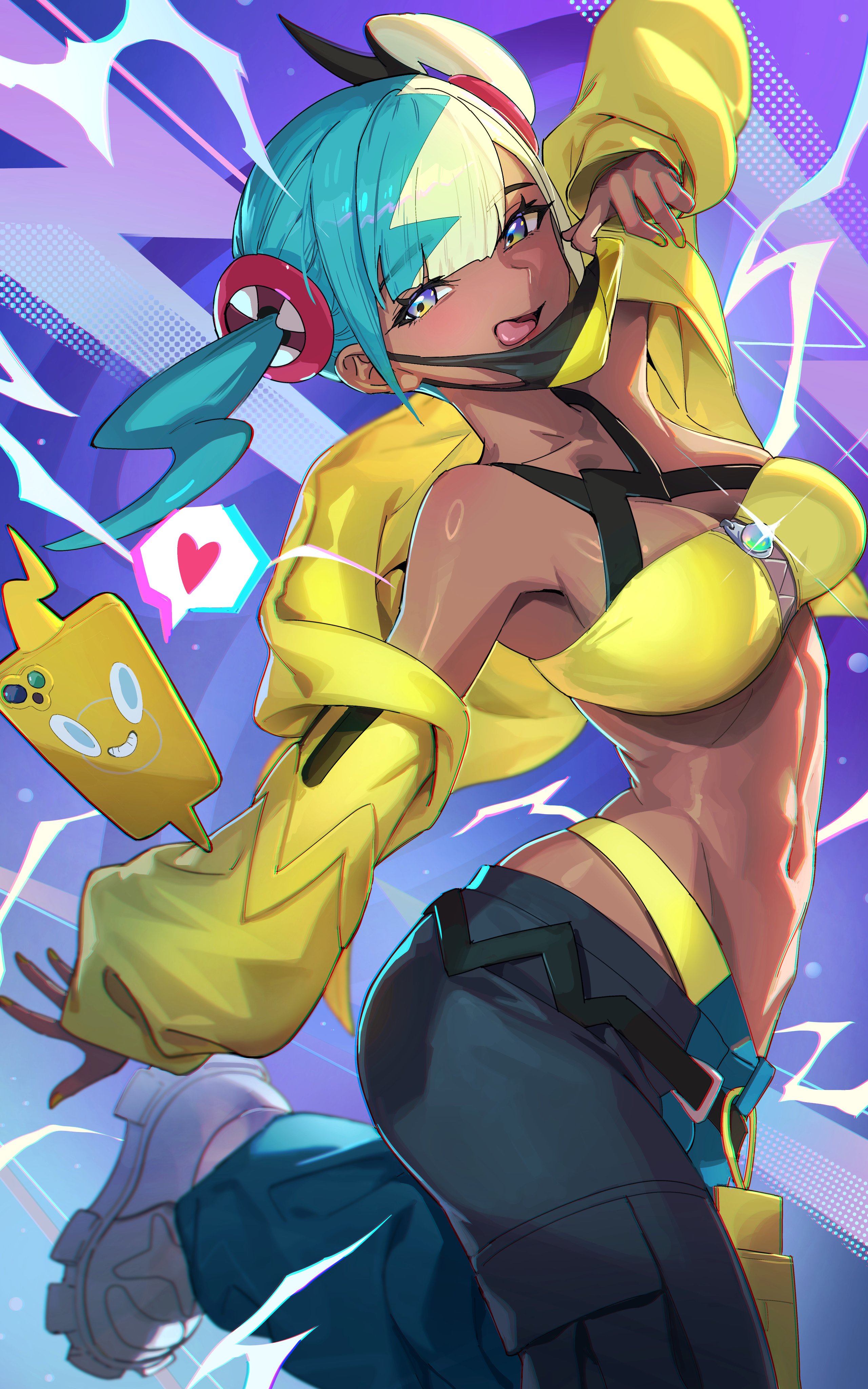 mhk (mechamania), canari (pokemon), rotom, rotom phone, nintendo, pokemon, pokemon legends: z-a, absurdres, highres, 1girl, :p, aqua hair, arm up, bandeau, black mask, blue eyes, breasts, center-flap bangs, cleavage, criss-cross straps, dark skin, gen 4 pokemon, glint, heart, jacket, large breasts, long sleeves, looking at viewer, mask, mask pull, mega stone, mouth mask, multicolored hair, navel, pants, shoes, short twintails, sleeves past wrists, solo, split-color hair, tongue, tongue out, twintails, two-tone hair, two-tone mask, two-tone pants, white shoes, yellow bandeau, yellow jacket, yellow mask
