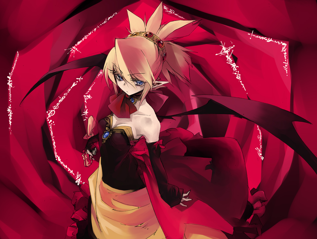 ikuhana niiro, rozalin, disgaea, makai senki disgaea 2, bad id, bad pixiv id, 1girl, bat wings, blonde hair, blue eyes, demon girl, detached sleeves, dress, elbow gloves, female focus, gloves, pointy ears, ribbon, solo, strapless, strapless dress, wings