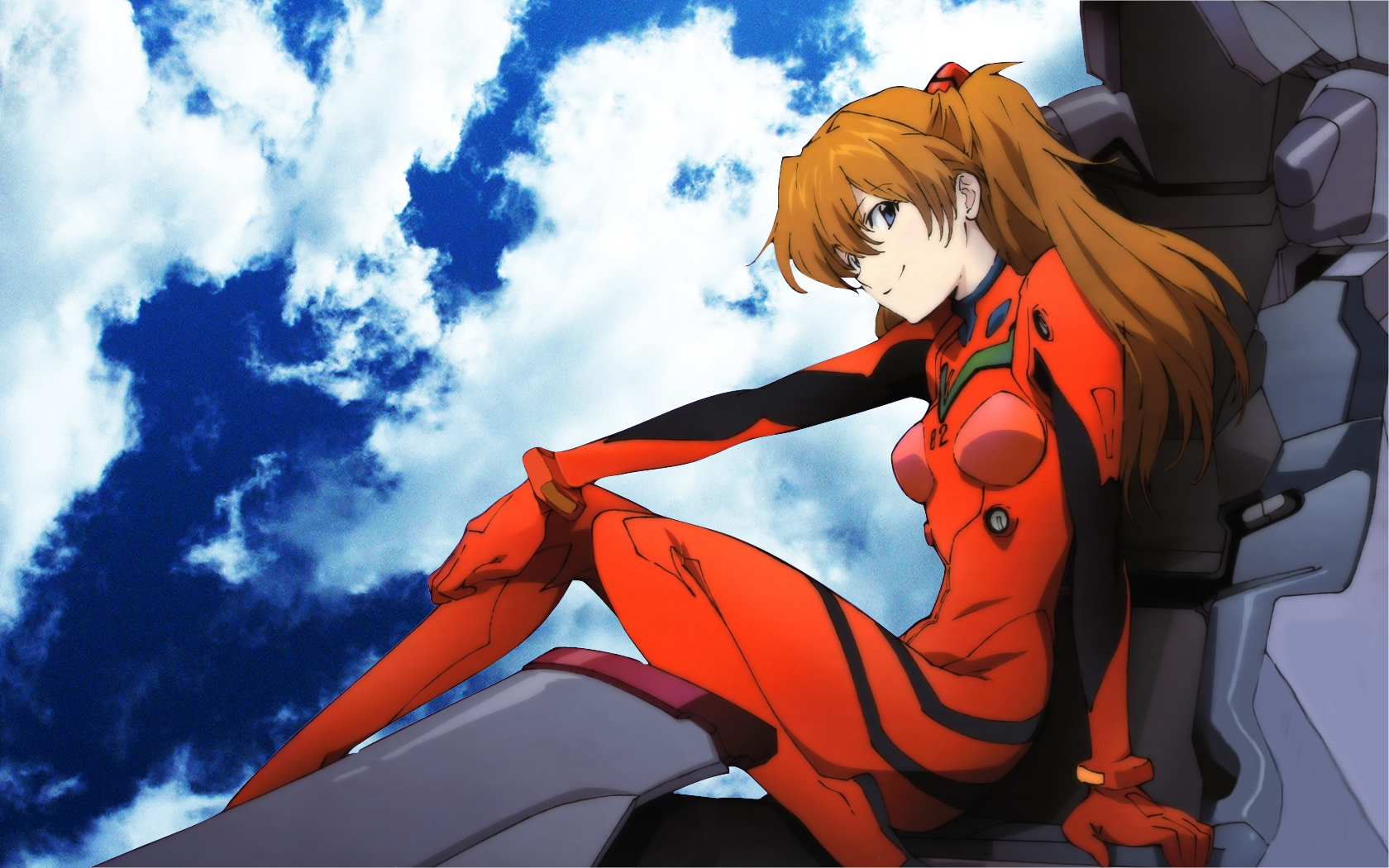 souryuu asuka langley, neon genesis evangelion, rebuild of evangelion, highres, official art, official wallpaper, 00s, 1girl, blue eyes, bracer, breasts, cloud, cockpit, day, entry plug, female focus, hair between eyes, knees together feet apart, mecha pilot suit, orange hair, parted bangs, plugsuit (evangelion), sitting, sky, smile, solo