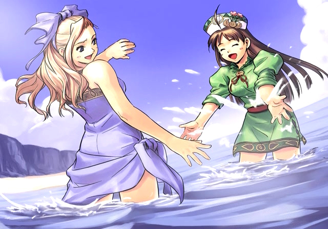 futaba jun, brigitt sihern, viorate platane, atelier (series), atelier viorate, gust, 2girls, :d, ^ ^, ahoge, arm up, bare shoulders, beach, belt, blonde hair, blue eyes, blush, bow, brown hair, closed eyes, cloud, day, dress, female focus, flower, frills, from behind, hair bow, happy, hat, long hair, looking back, mountain, multiple girls, ocean, open mouth, outdoors, outstretched arms, outstretched hand, ribbon, short dress, sky, sleeves rolled up, smile, splashing, standing, swept bangs, wading, water