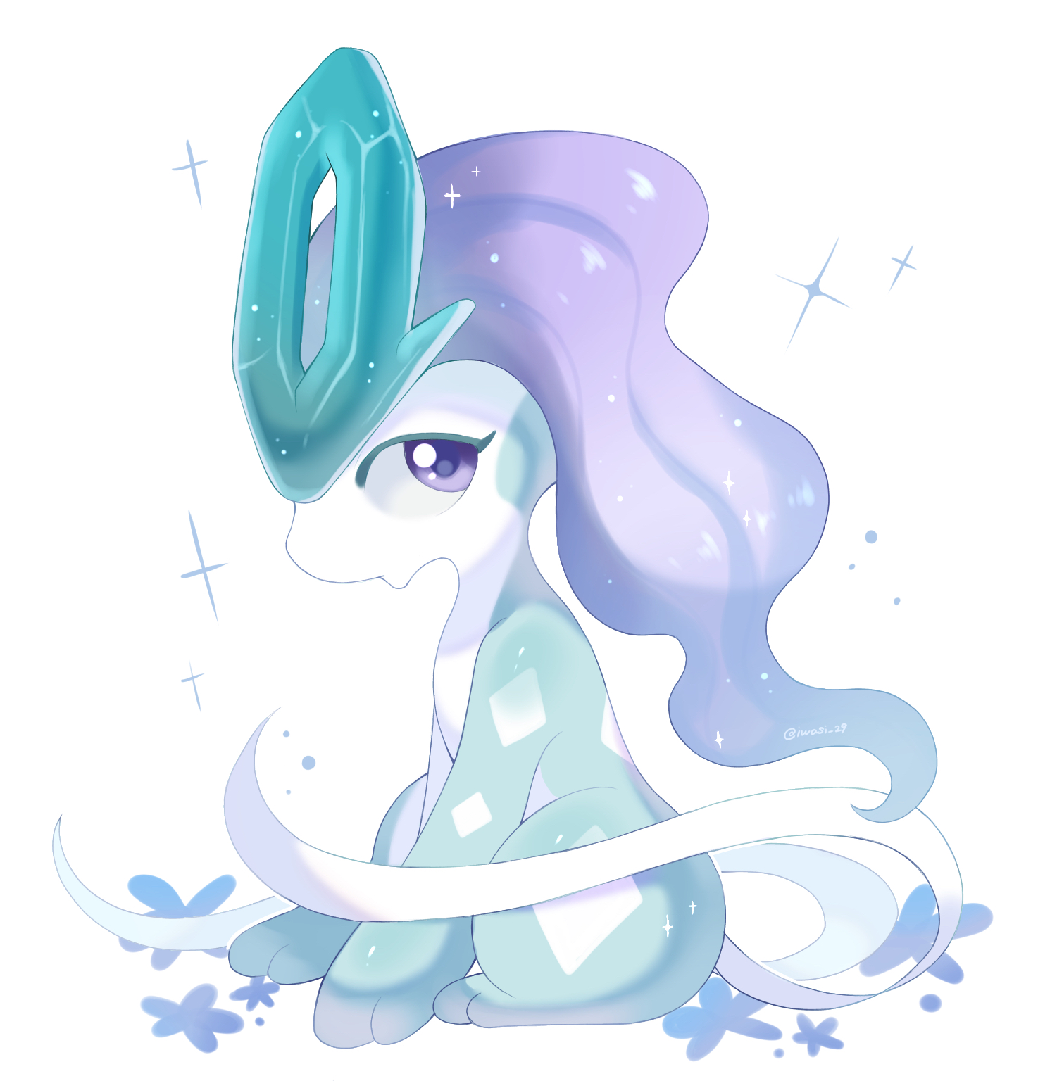 iwasi 29, suicune, nintendo, pokemon, commentary request, highres, blue flower, flower, gen 2 pokemon, legendary pokemon, long hair, no humans, pokemon (creature), purple eyes, purple hair, ribbon, simple background, sitting, sparkle, tail, white background, white ribbon