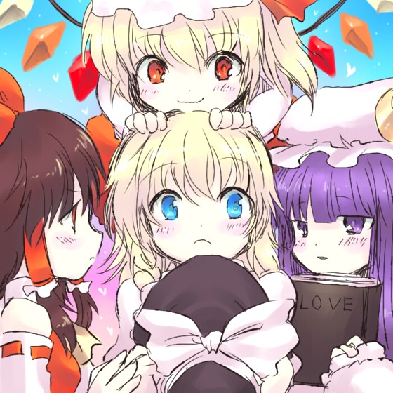 onimaru gonpei, flandre scarlet, hakurei reimu, kirisame marisa, patchouli knowledge, embodiment of scarlet devil, touhou, 4girls, :<, blonde hair, blue eyes, book, braid, brown hair, detached sleeves, female focus, frown, hands on another's head, hat, holding, holding unworn clothes, holding unworn hat, japanese clothes, long hair, miko, multiple girls, purple eyes, purple hair, red eyes, short hair, smile, unworn hat, unworn headwear, wings, witch, witch hat