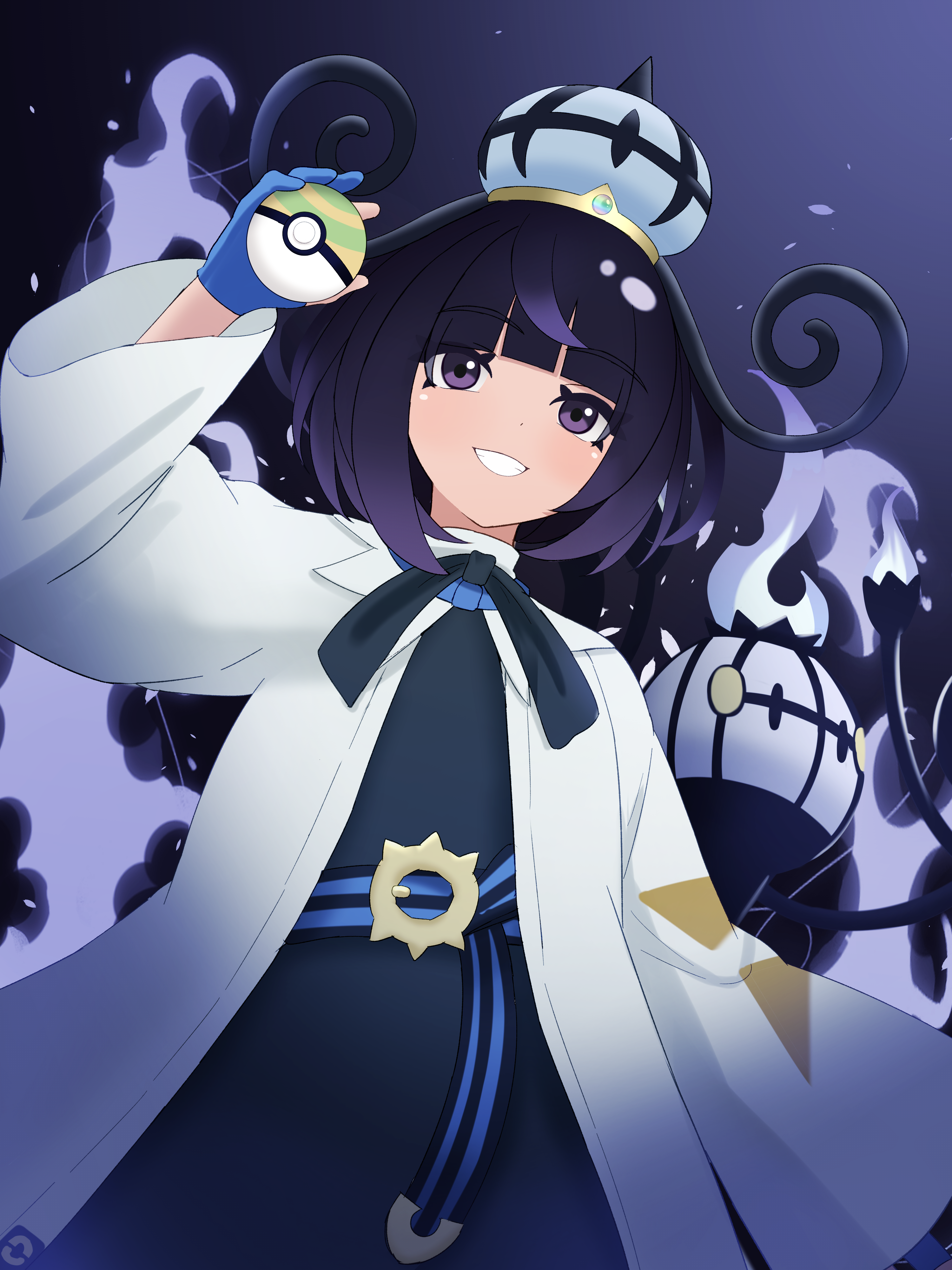 riraranran, chandelure, gwynn (pokemon), nintendo, pokemon, pokemon legends: z-a, absurdres, commentary request, highres, 1girl, black bow, black bowtie, black dress, black hair, blue gloves, blunt bangs, bow, bowtie, coat, dress, fire, gen 5 pokemon, gloves, grin, hand up, happy, hat, holding, holding poke ball, long sleeves, nest ball, partially fingerless gloves, poke ball, pokemon (creature), purple fire, smile, teeth, white coat