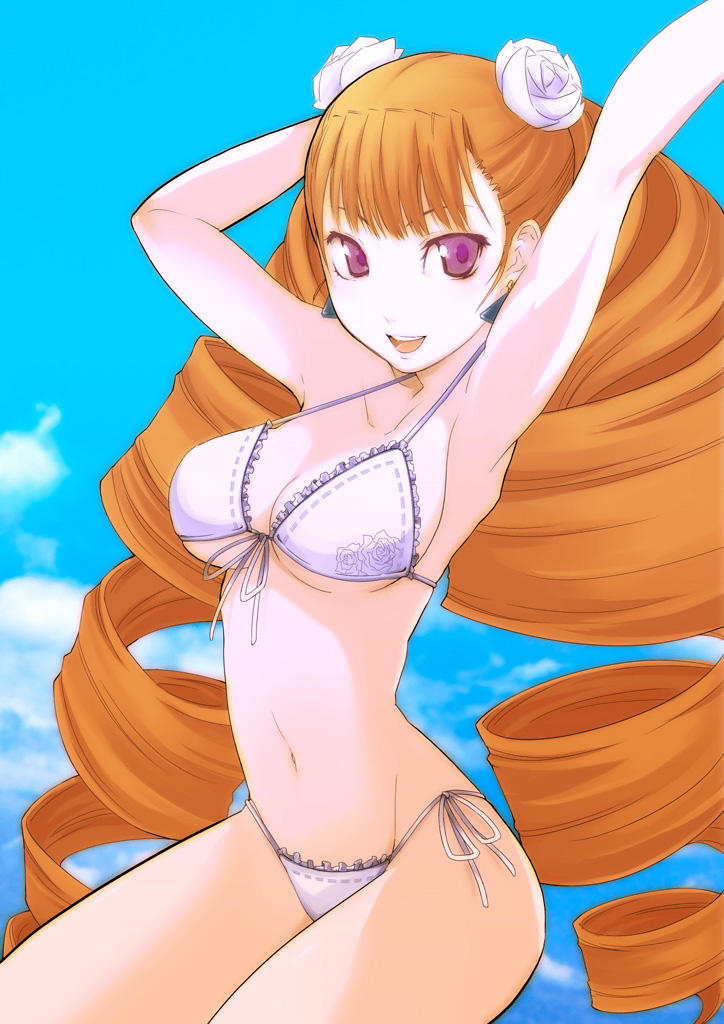sogabe shuuji, petra johanna lagerkvist, aq interactive, arcana heart, arcana heart 2, atlus, examu, 1girl, armpits, arms up, bare shoulders, bikini, breasts, cleavage, cloud, day, drill hair, earrings, female focus, flower, frilled bikini, frills, front-tie top, hair flower, hair ornament, jewelry, large breasts, long hair, looking back, navel, orange hair, outdoors, purple eyes, red hair, rose, side-tie bikini bottom, sky, smile, solo, strap gap, string bikini, swimsuit, twin drills, twintails, underboob, very long hair, white bikini