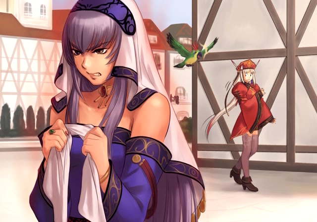 ohse kohime, hermina (atelier), judith volltone, atelier (series), atelier judie, gust, 2girls, angry, bird, dress, female focus, hat, high heels, hood, jewelry, multiple girls, necklace, parrot, plant, ring, road, shoes, street, sweatdrop, thighhighs, zettai ryouiki